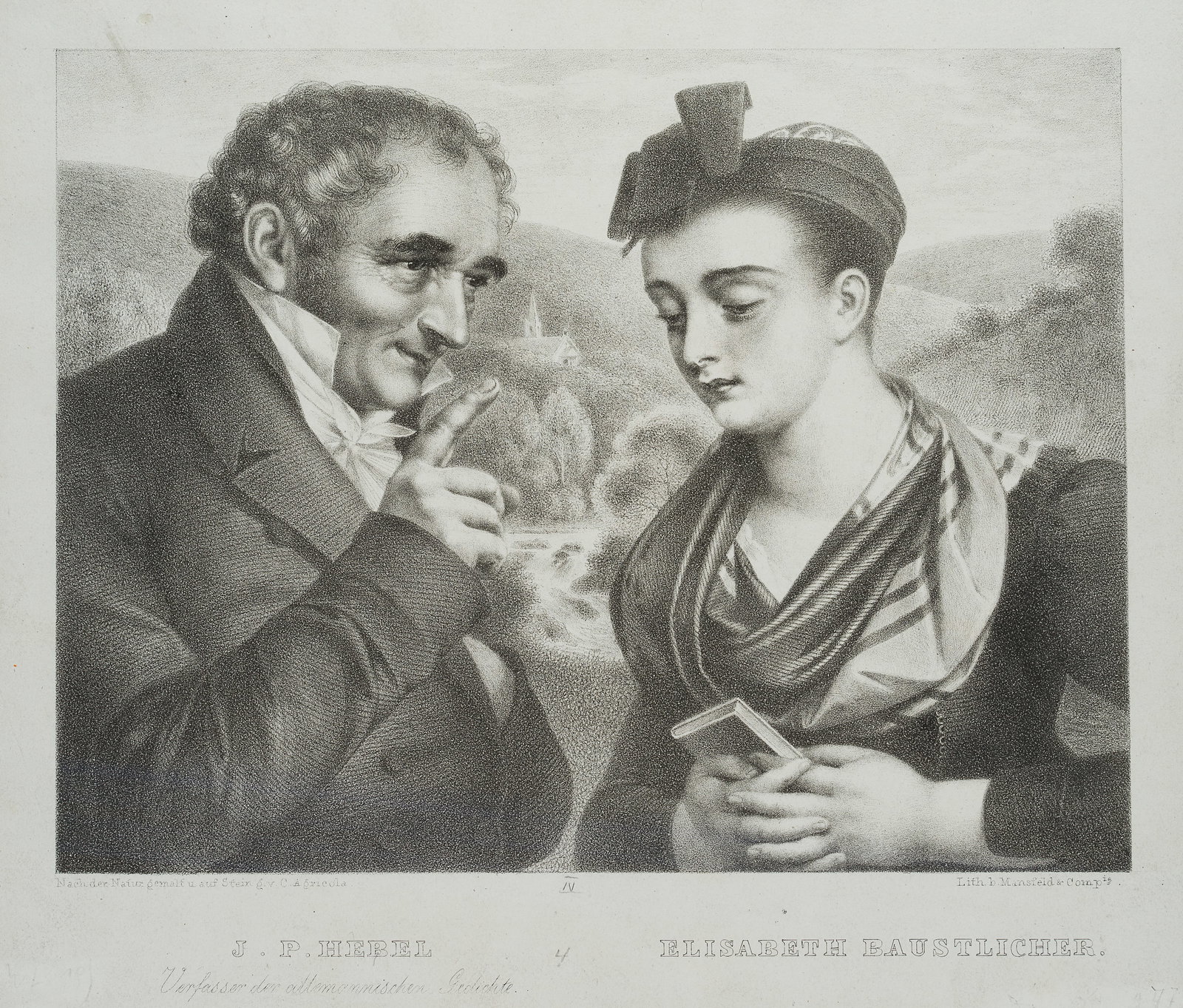 K. AGRICOLA (1779-1852), Hebel with Elisabeth Baustlicher, after 1814, Lithography: Karl Joseph Aloys Agricola (1779 Säckingen - 1852 Vienna): Double portrait of Johann Peter Hebel with Elisabeth Baustlicher, after 1814, Lithography Technique: Lithography on Paper Inscription: A