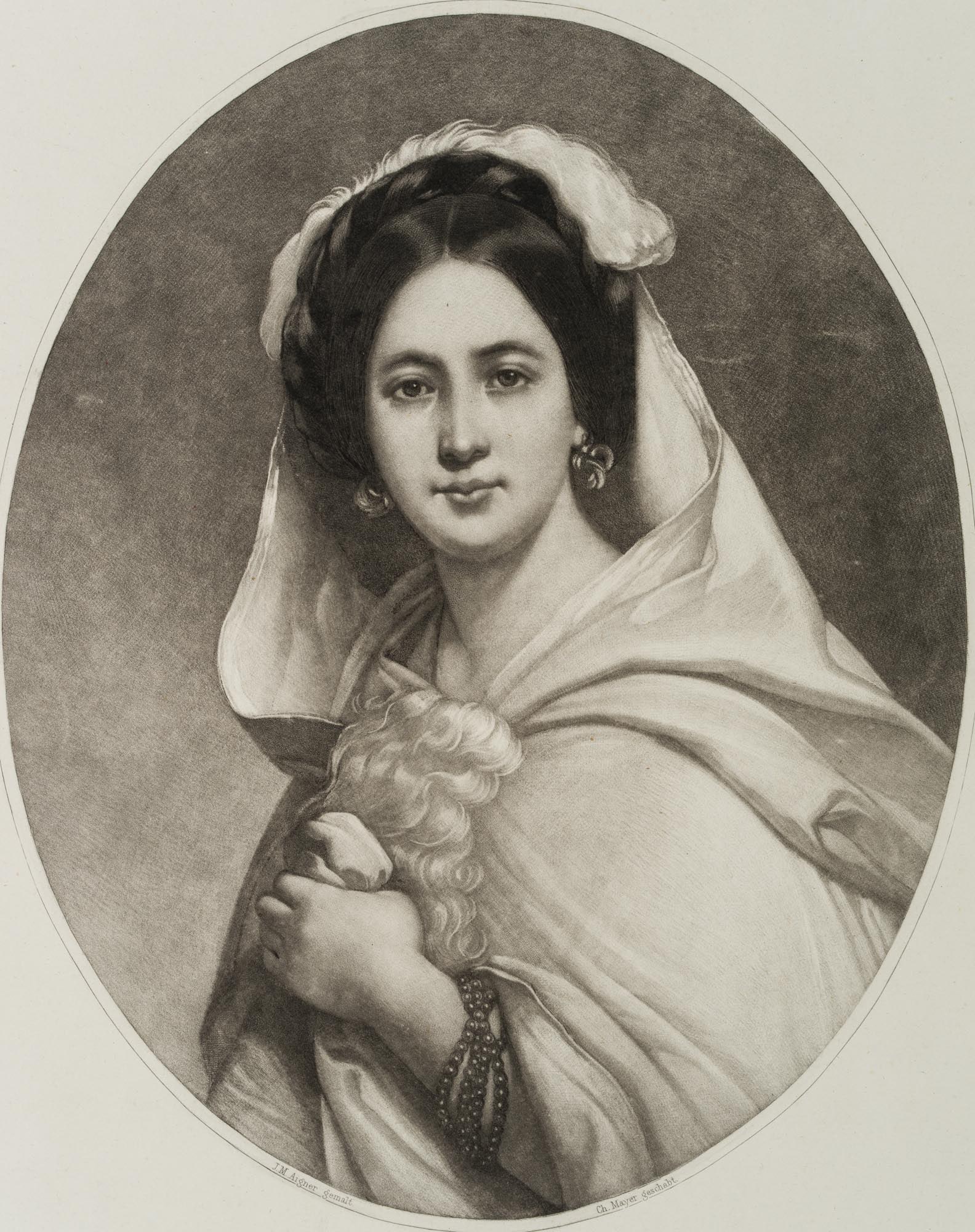 C. MAYER (*1812) after AIGNER (*1818), Study head – a lady’s bust, Mezzotint: Christian Mayer (1812 Vienna - 1870 ibid.) after Matthäus Aigner (1818 - 1886 ): Study head - Frontal bust of a lady in a wide robe, 19th century, Mezzotint Technique: Mezzotint on Paper, rolled-