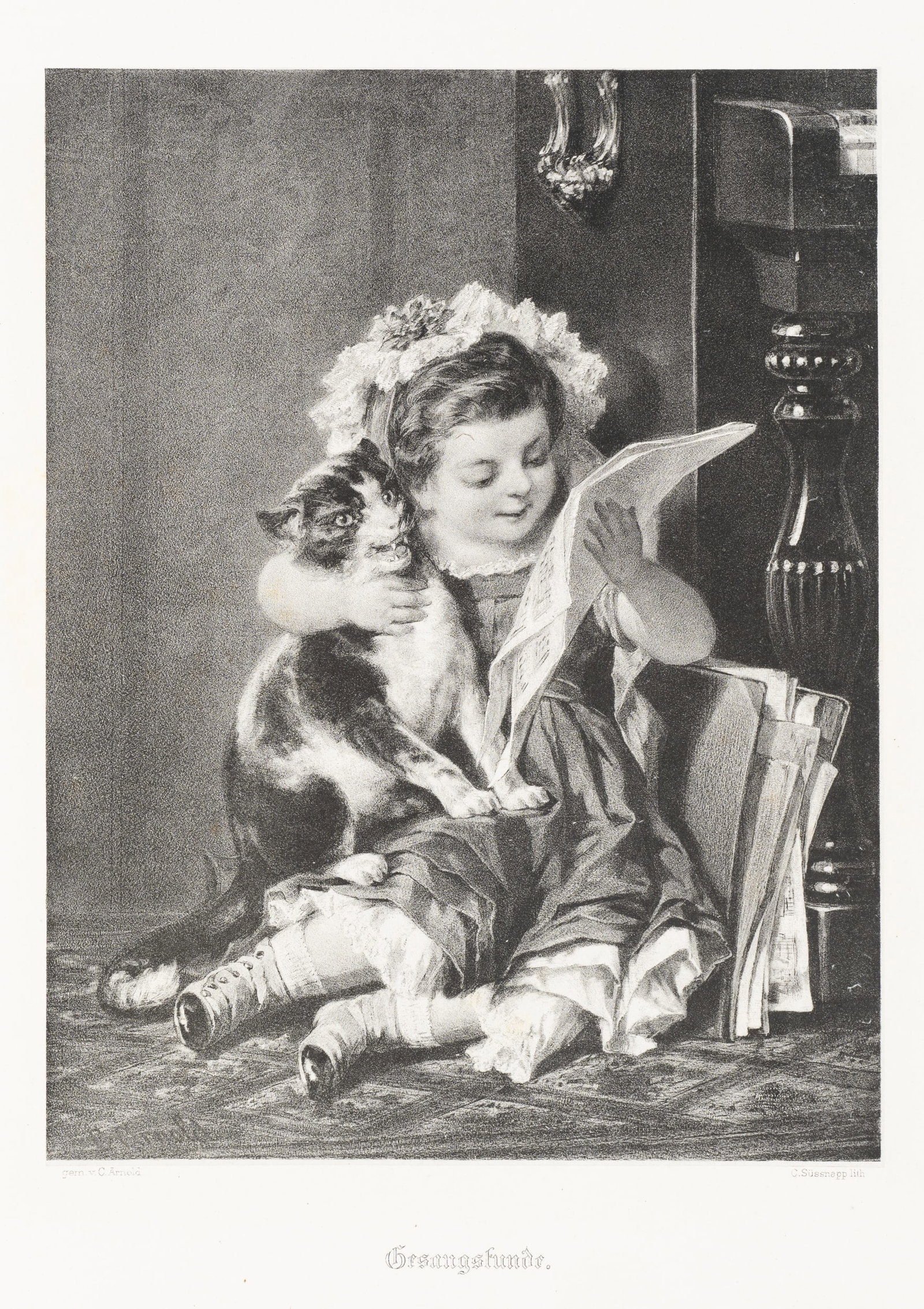 C. SÜSSNAPP (*1828) after ARNOLD (*1829), Singing lesson. Girl with a cat, Lithography (1 of 5)