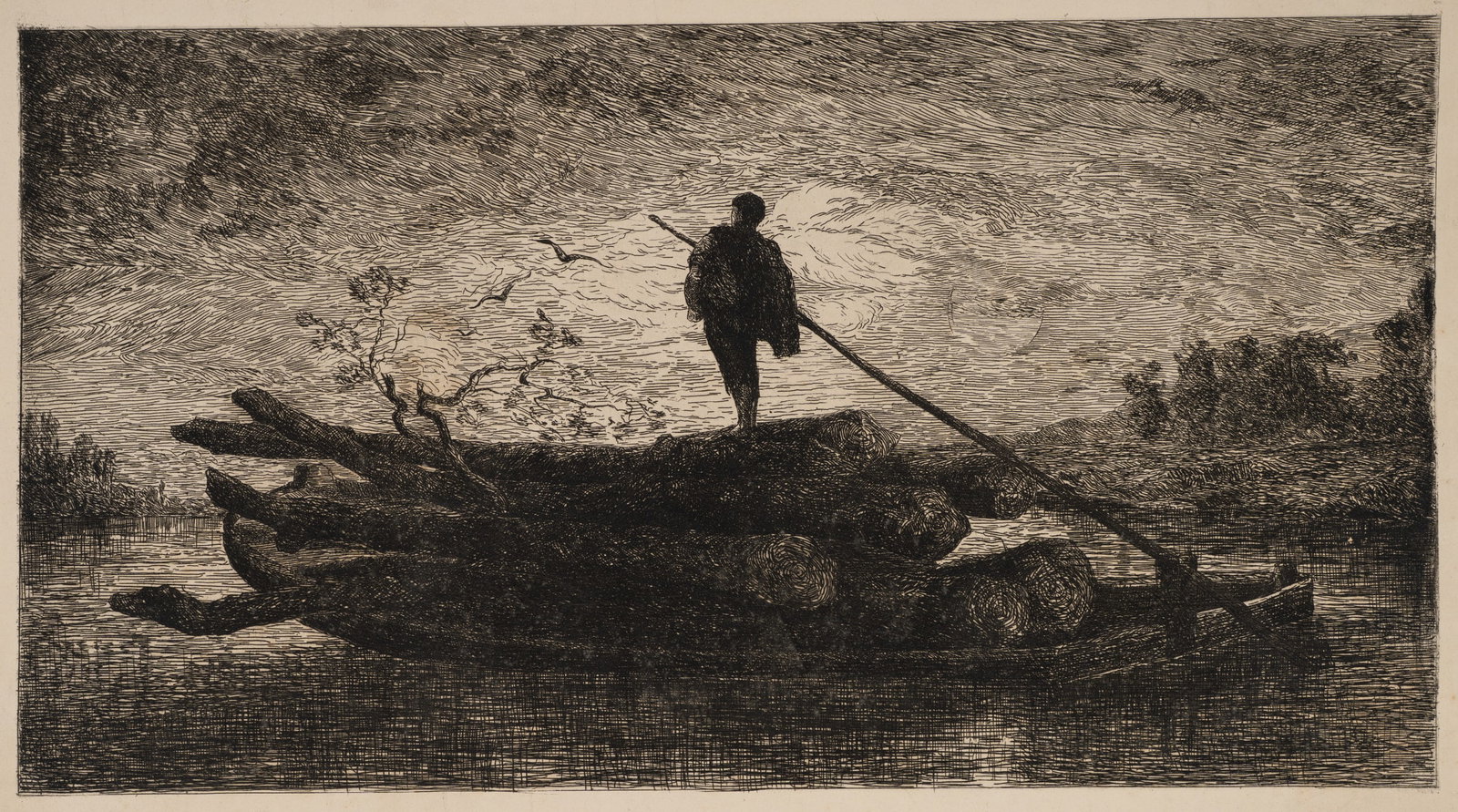É. AUFRAY DE ROC' BHIAN (*1833), Figure on the raft, around 1866, Etching: Édouard Alphonse Enguerrand Aufray de Roc' Bhian (1833 - around 1887 ): Figure on a raft Lonely figure on a raft in an evening river landscape, c. 1866, Etching Technique: Etching on China paper,