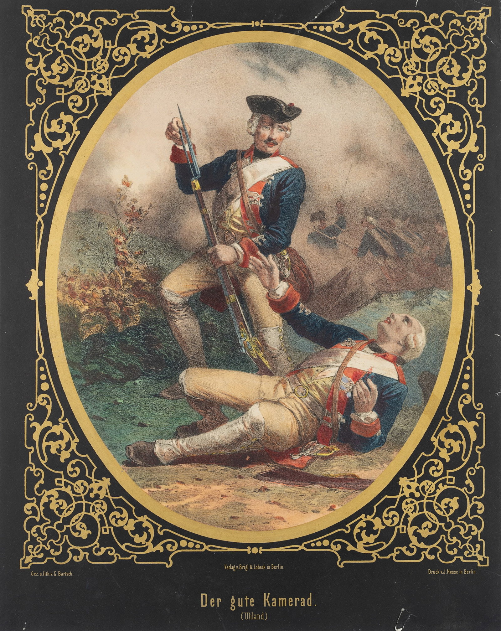 G. BARTSCH (1821-1896), Poem. The Good Comrade, Lithography: Gustav Bartsch (1821 - after 1896 ibid.): Poem illustration "Der Gute Kamerad" (The Good Comrade) by Ludwig Uhland in an oval with golden tendril decoration on black, 19th century, Lithography Techniq