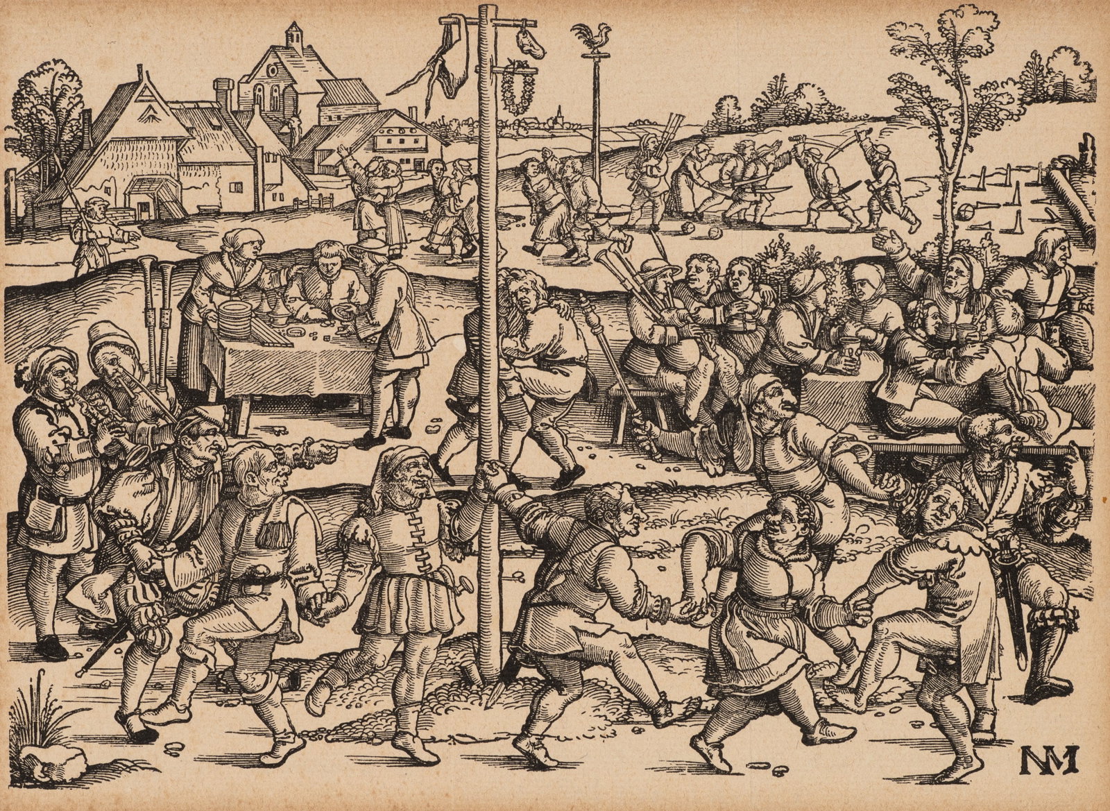 N. MELDEMAN (*1518) after BEHAM (*1500), The Nasentantz at Hümpelsbrunn, Woodcut (1 of 5)
