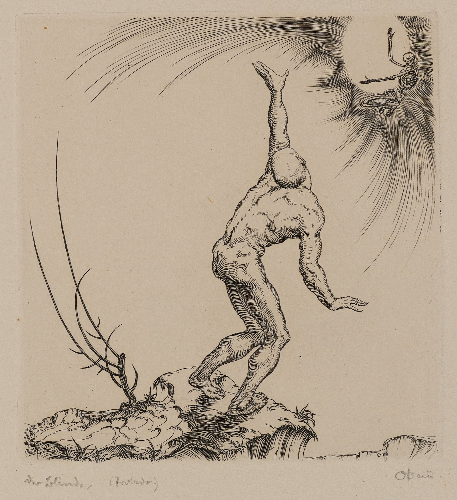 O. BEIER (1892-1979), The Blind Man. Trial proof, 1892, Etching: Ottohans Beier (1892 Karlsruhe - 1979 Munich): The blind man Trial proof A wandering naked man and a skeletal figure in a circle of light, 1892, Etching Technique: Etching on Paper Impression Quality: