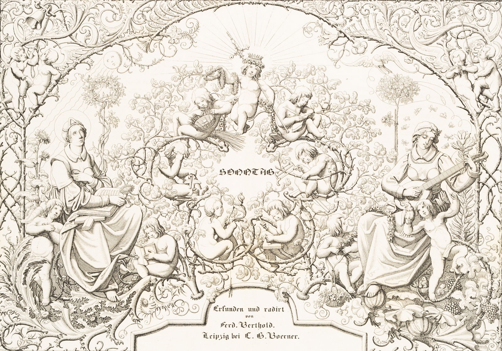 F. BERTHOLD (1799-1838), Sunday, 1832, Copper engraving: Ferdinand Berthold (1799 Meissen - 1838 Dresden): The Sunday Poem in six songs by Ludwig Bechstein, 1832, Copper engraving Technique: Copper engraving on Paper, Original-Cover Paper Inscription: Lower