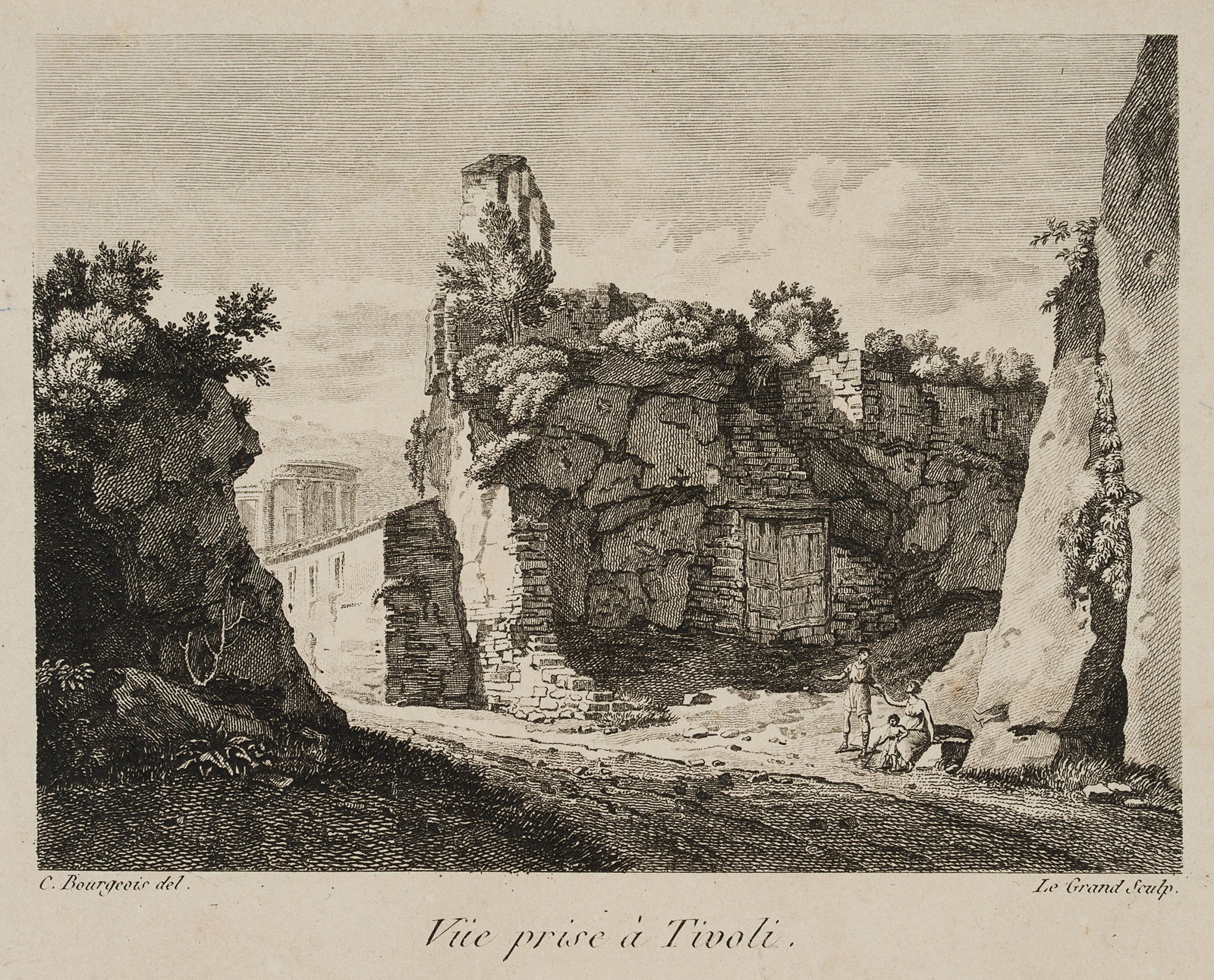 Le Grand (19th) after BOURGEOIS (*1767), Ruins near Tivoli, around 1810, Etching: Le Grand (19th century) after Constant Bourgeois (1767 Guiscard, Oise - 1841 Paris): Ruins at Tivoli, round temple of Vesta in the background, c. 1810, Etching Technique: Etching on Paper Stamp: Colle
