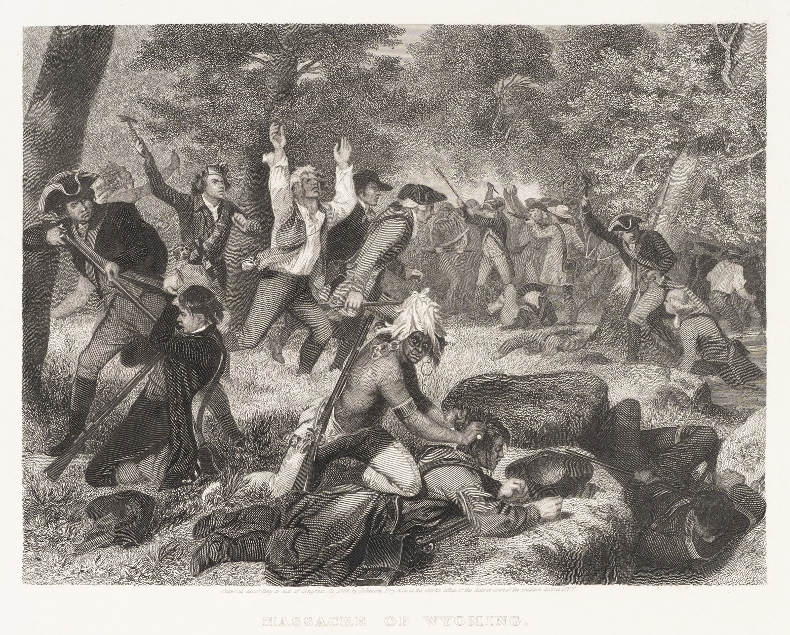 After CHAPPEL (*1828), Wyoming massacre, 1866, Steel engraving: After Alonzo Chappel (1828 New York - 1887 ): Wyoming massacre: Historical depiction of a violent conflict, 1866, Steel engraving Technique: Steel engraving on Paper, mounted on Paper Inscription: At 