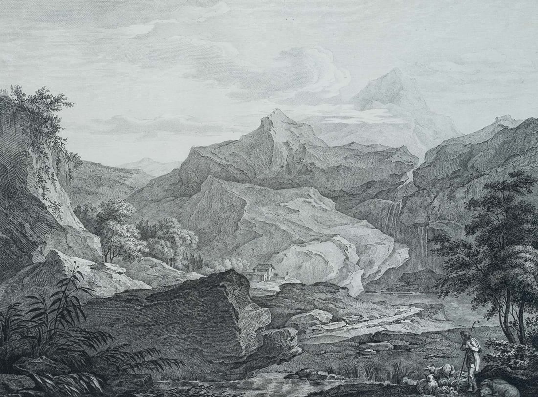 C. MARCHAND (18th) after COSTE (18th), Mountainous region, Montmélian, 1800, Crayon manner: Cécile Marchand (18th century) after Jean-Baptiste Coste (18th century): "Pays montagneux", view over a mountainous landscape near Montmélian, France, 1800, Crayon manner Technique: Crayon m