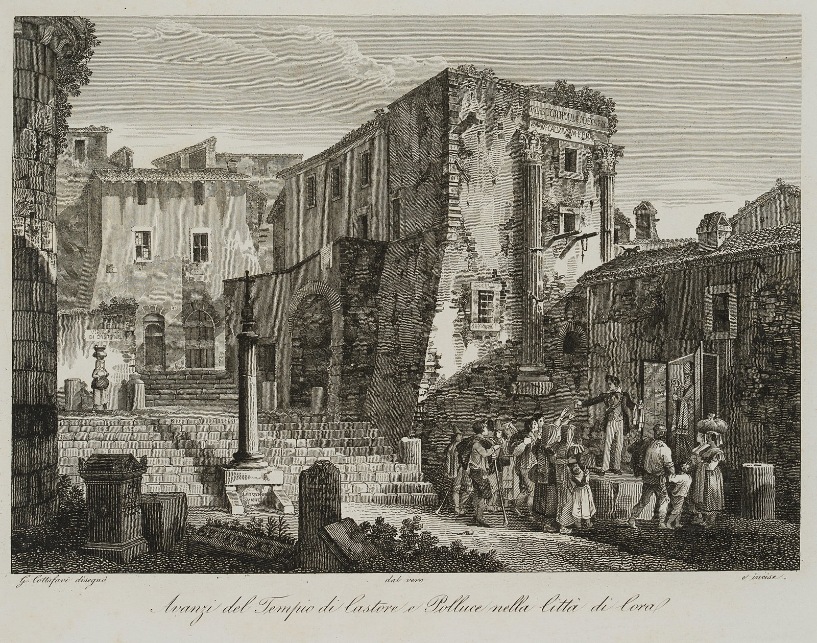 G. COTTAFAVI (19th), At the Temple of the Dioscuri in Cori, around 1830, Etching: Gaetano Cottafavi (19th century): At the ruins of the Temple of Dioscuri, Temple of Castor and Pollux in Cori, c. 1830, Etching Technique: Etching on Paper Inscription: At the lower part signed in the