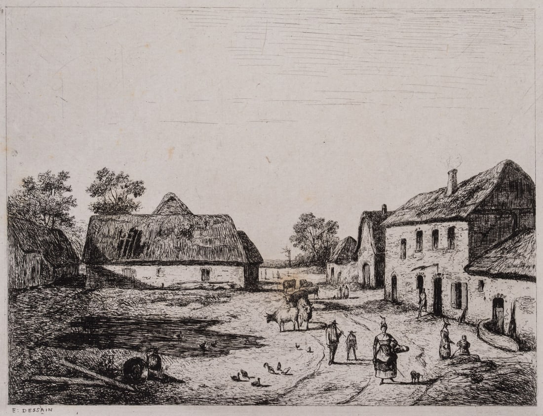 E. DESSAIN (1808-1882), Farm with animals, Etching (1 of 4)