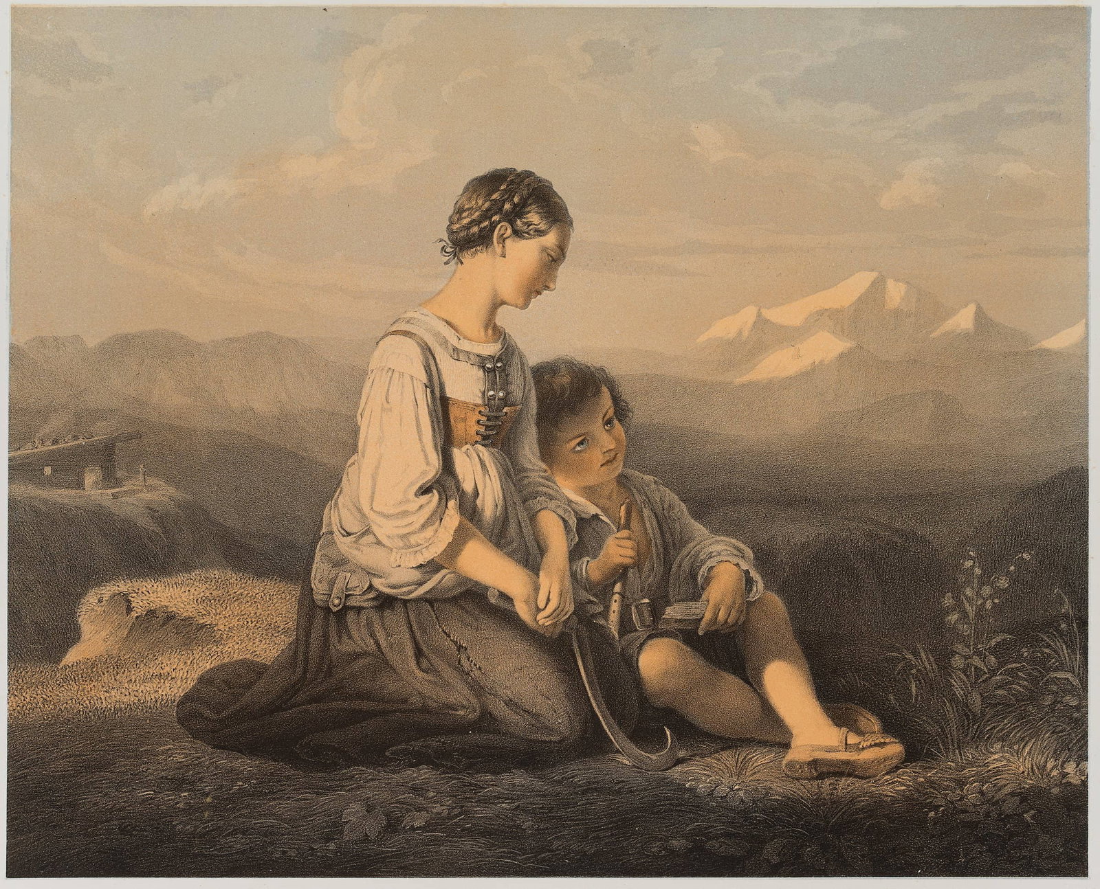J. WÖLFLE (*1807) after DÜRCK (*1809), On a Bavarian alp, around 1850, Colour lithography: Johann Wölfle (1807 Endersbach - 1893 Faurndau) after Friedrich Dürck (1809 Leipzig - 1884 Munich): Children on a Bavarian alpine pasture, c. 1850, Colour lithography Technique: Colour litho
