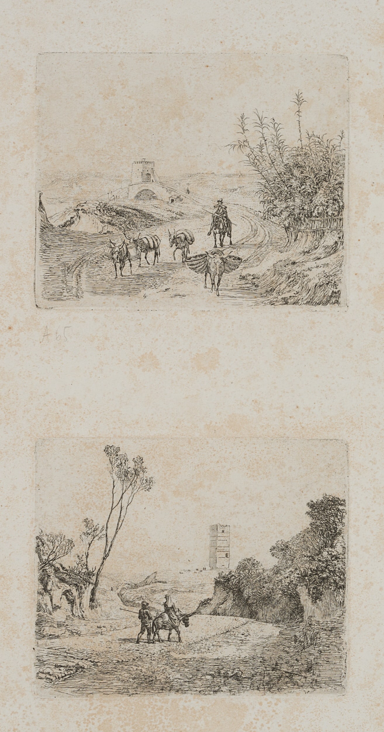 J. ERHARD (1795-1822), Torre Cornacchia and Ponte Salaro, around 1820, Etching: Johann Christoph Erhard (1795 Nuremberg - 1822 Rom): 2 Italian landscapes with the "Torre Cornacchia" tower and the "Ponte Salaro" bridge, c. 1820, Etching Technique: Etching on Paper Catalogue Raison