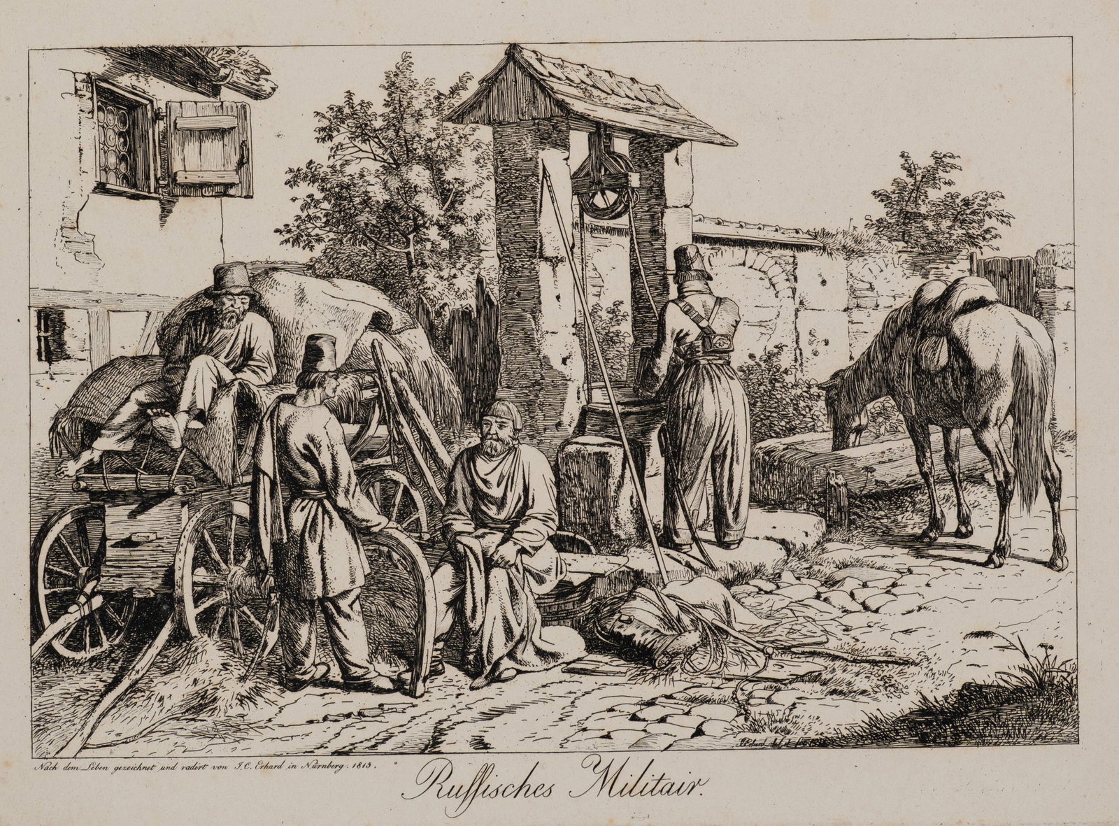 J. ERHARD (1795-1822), Life in the Russian Armed Forces, 1815, Etching: Johann Christoph Erhard (1795 Nuremberg - 1822 Rom): Russian military life Everyday military life in the Russian countryside, 1815, Etching Technique: Etching on Paper Inscription: lower left signed i
