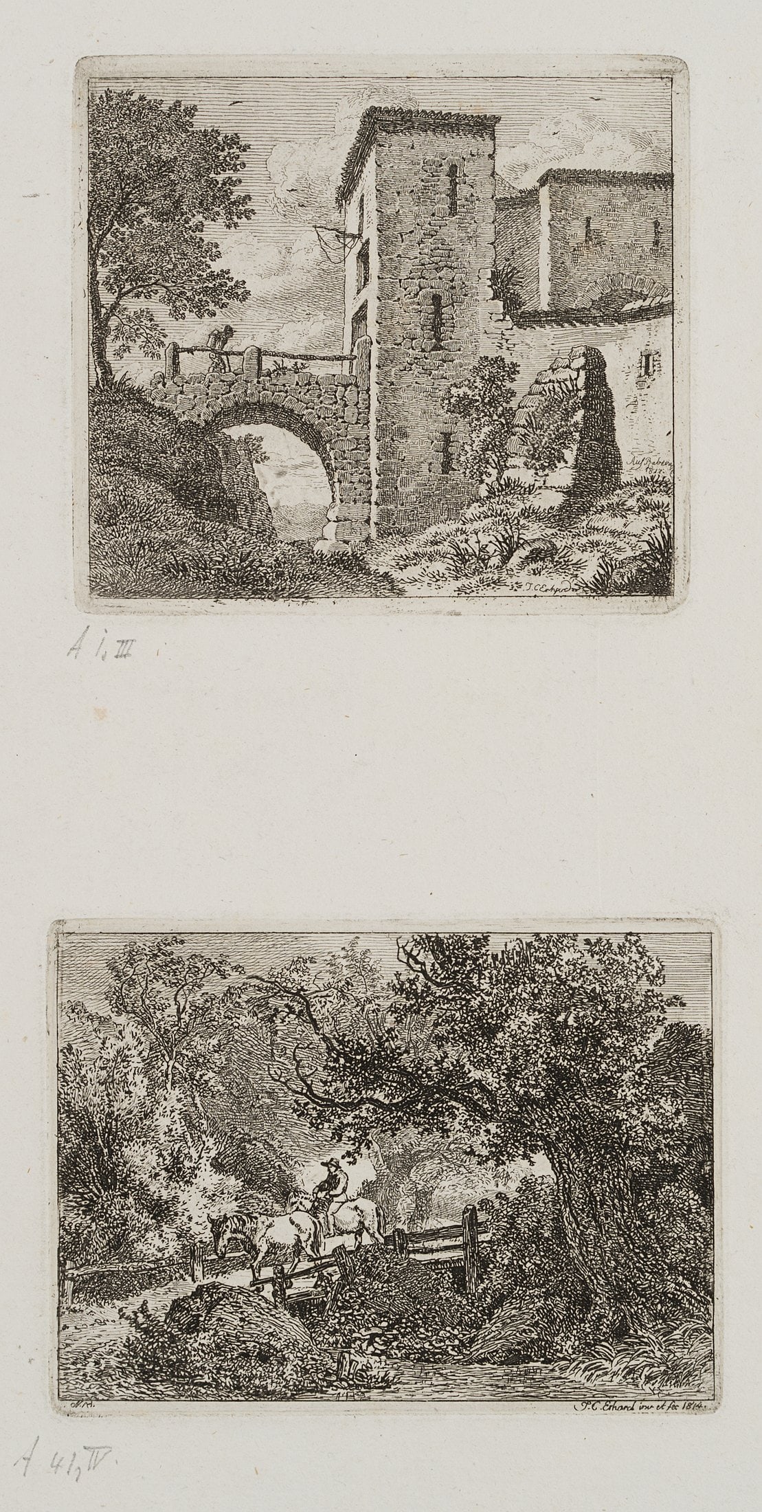 J. ERHARD (1795-1822), On Rabeneck and Reiter in the Forest, around 1814, Etching: Johann Christoph Erhard (1795 Nuremberg - 1822 Rom): On Rabeneck and Reiter in the Forest, c. 1814, Etching Technique: Etching on Paper Catalogue Raisonné: , 1, III Inscription: Both prints signe
