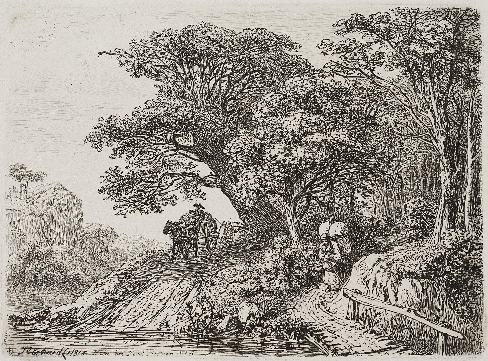J. ERHARD (1795-1822), Hikers and carts at the edge of the forest, 1817, Etching (1 of 4)