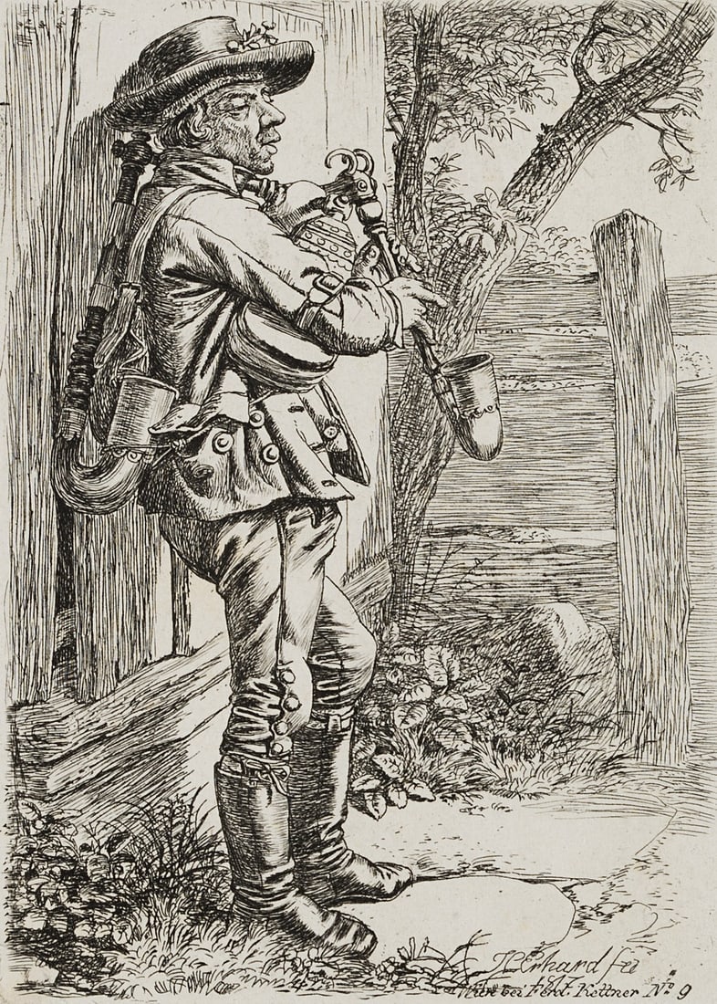 J. ERHARD (1795-1822), The bagpiper, 1817, Etching: Johann Christoph Erhard (1795 Nuremberg - 1822 Rom): The bagpiper, 1817, Etching Technique: Etching on Paper Catalogue Raisonné: , 180, III/IV (ohne Datierung) Inscription: Signed and inscribed a