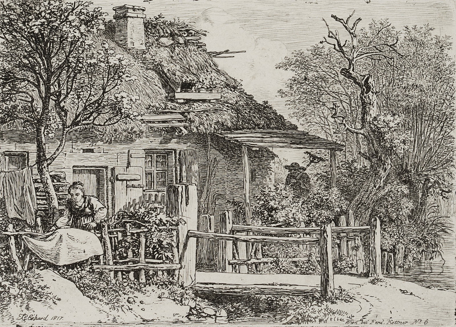 J. ERHARD (1795-1822), Woman hanging out the washing, 1817, Etching: Johann Christoph Erhard (1795 Nuremberg - 1822 Rom): Woman hanging out the washing, 1817, Etching Technique: Etching on Paper Catalogue Raisonné: , 62, IV/V Inscription: Signed, dated and inscrib