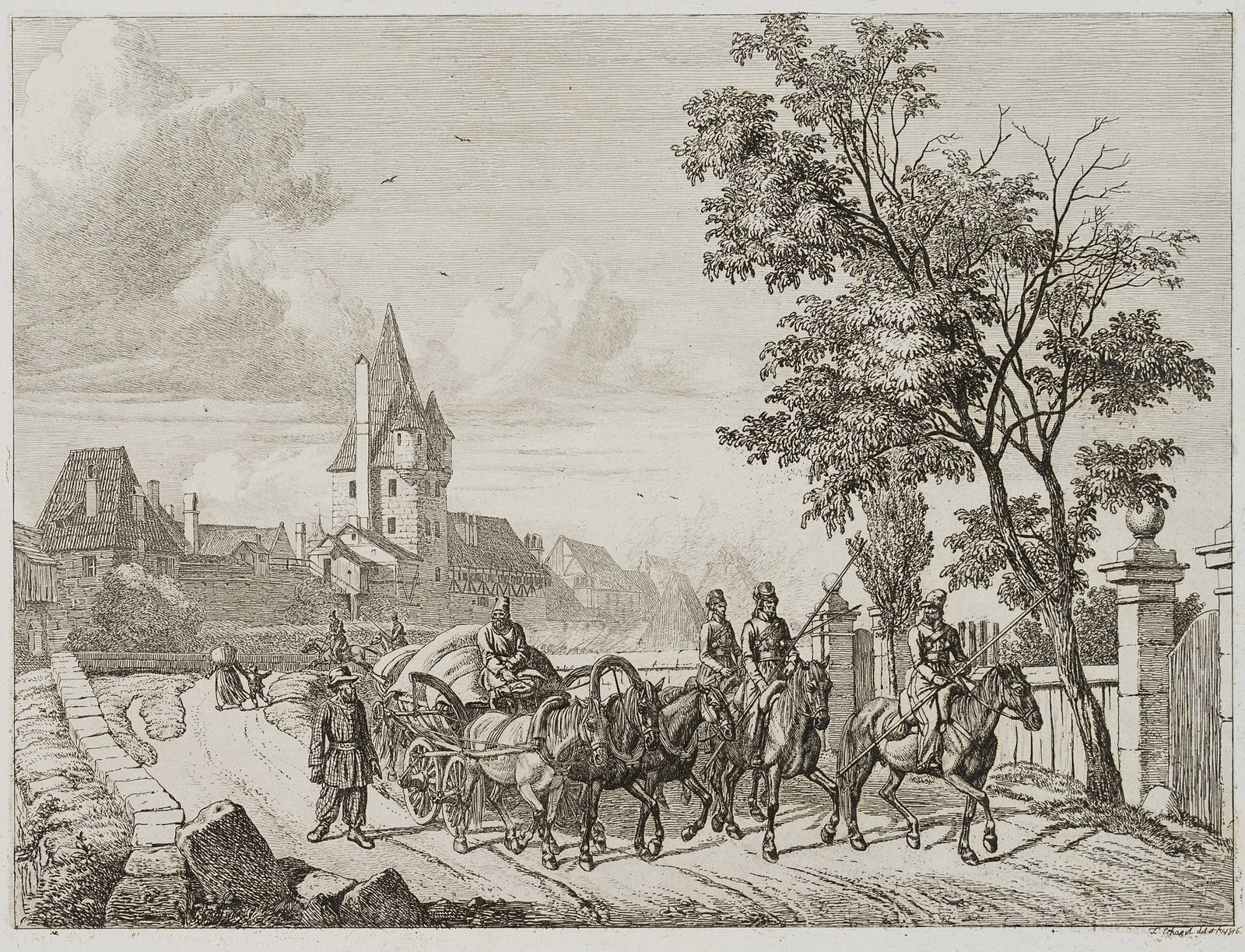 J. ERHARD (1795-1822), Cossacks with baggage wagons outside Nuremberg, 1816, Etching: Johann Christoph Erhard (1795 Nuremberg - 1822 Rom): Cossacks with baggage wagons outside Nuremberg, 1816, Etching Technique: Etching on Paper Catalogue Raisonné: , 104, II/III Inscription: Signe