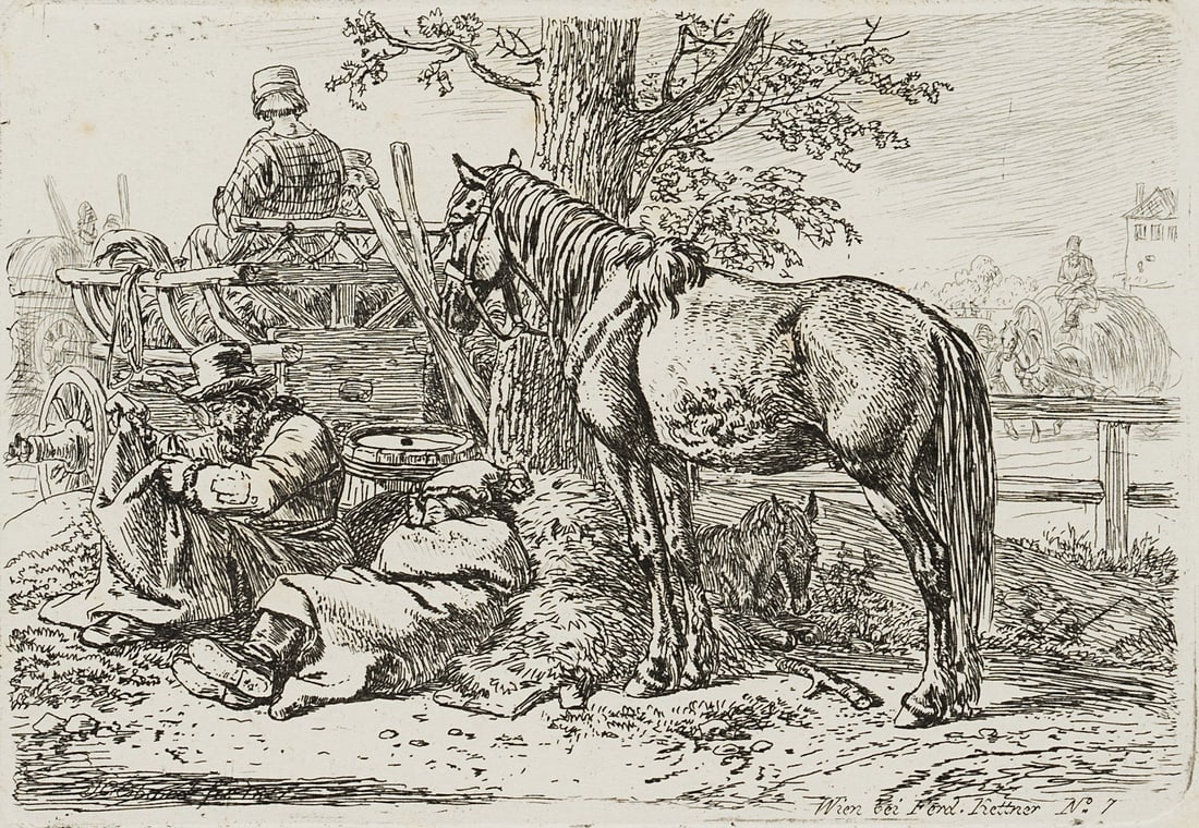 J. ERHARD (1795-1822), A horse standing next to two coachmen, 1817, Etching: Johann Christoph Erhard (1795 Nuremberg - 1822 Rom): A horse standing next to two coachmen, 1817, Etching Technique: Etching on Paper Catalogue Raisonné: , 99, III/IV Inscription: Signed, dated a