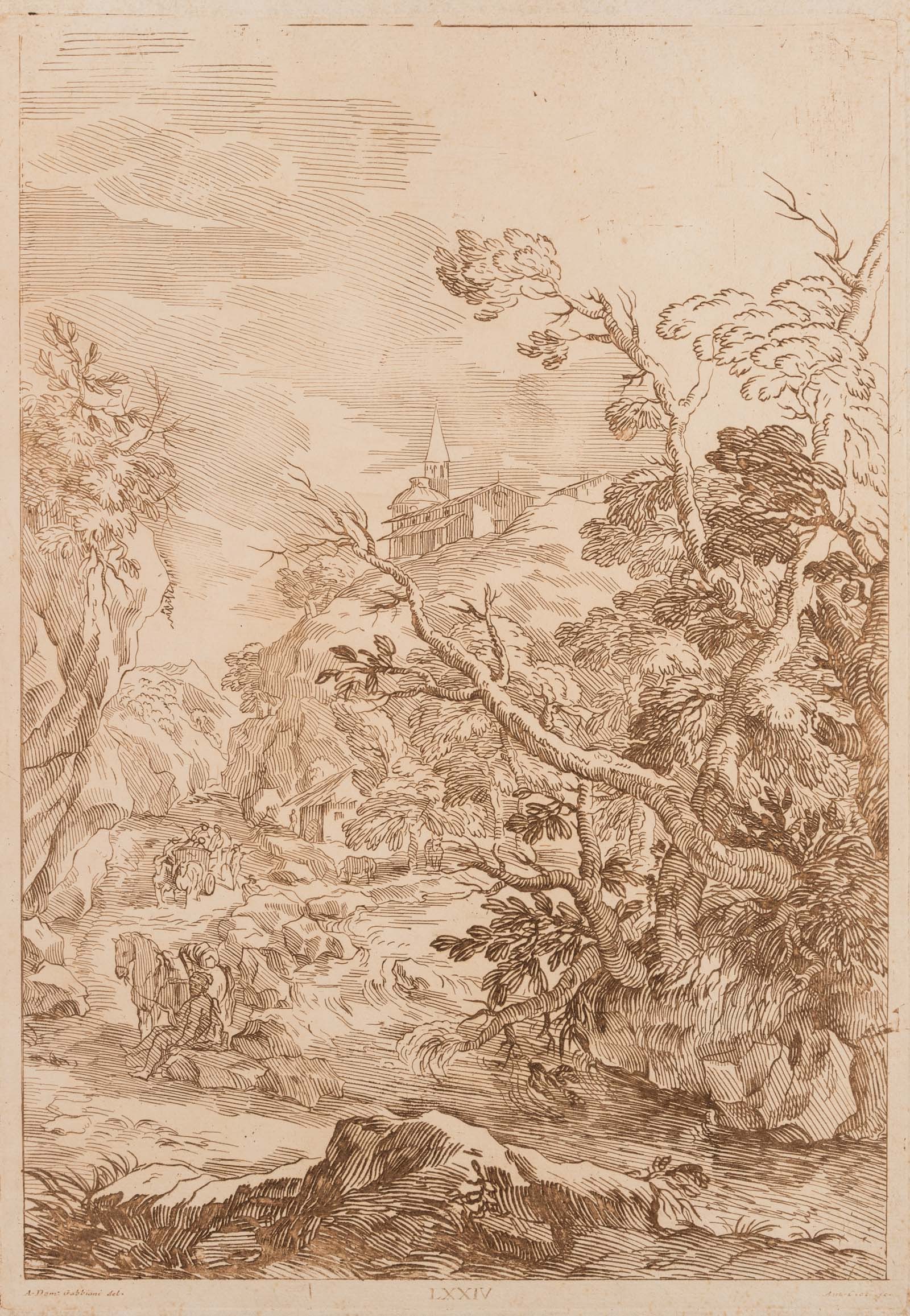A. CROCI (*1823) after GABBIANI (*1652), An Arcadian landscape with a monastery, Etching: Antonio Croci (1823 Mendrisio - 1884 ibid.) after Anton Domenico Gabbiani (1652 Florence - 1726 ibid.): Arcadian Landscape with Monastery and Resting Traveller, 19th century, Etching Technique: Etchin