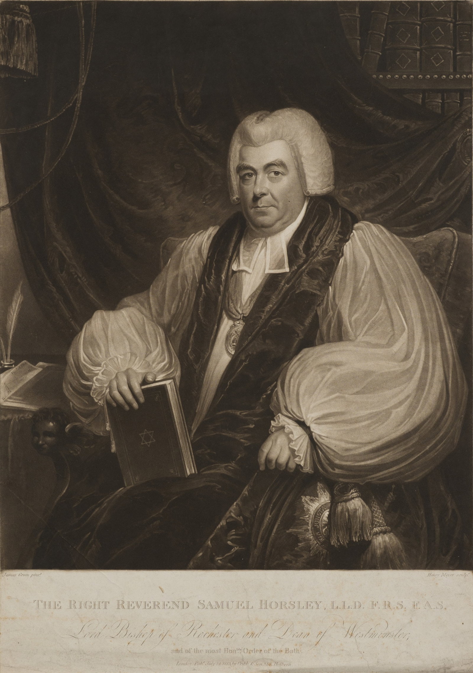 H. MEYER (*1780) after GREEN (*1771), Portrait of Samuel Horsley, Mezzotint: Henry Meyer (1780 London - 1847 ) after James Green (1771 - 1834 ): Portrait of Samuel Horsley (1733-1806), Bishop of Rochester and Dean of Westminster, 19th century, Mezzotint Technique: Mezzotint on