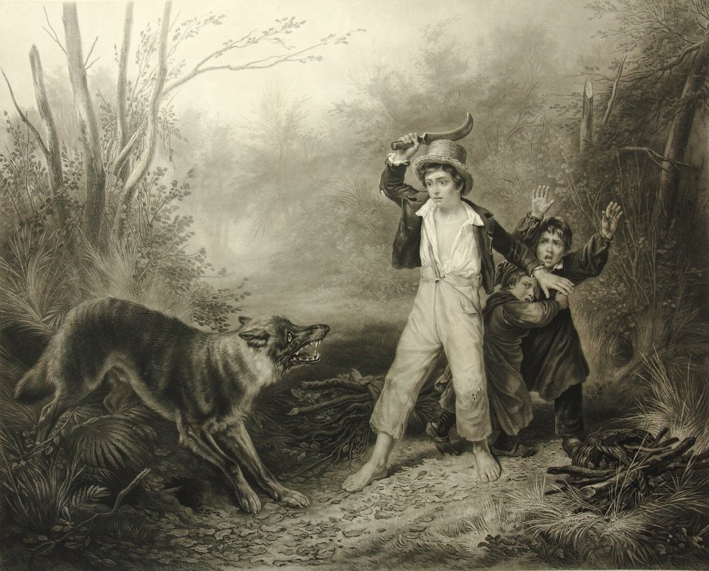 J. JAZET (*1788) after GRENIER (*1793), Children and a Wolf in the Forest, Mezzotint: Jean Pierre Marie Jazet (1788 Paris - before 1871 ibid.) after François Grenier (1793 Paris - 1867 ibid.): Children and a Wolf in the Forest, 19th century, Mezzotint Technique: Mezzotint on Paper