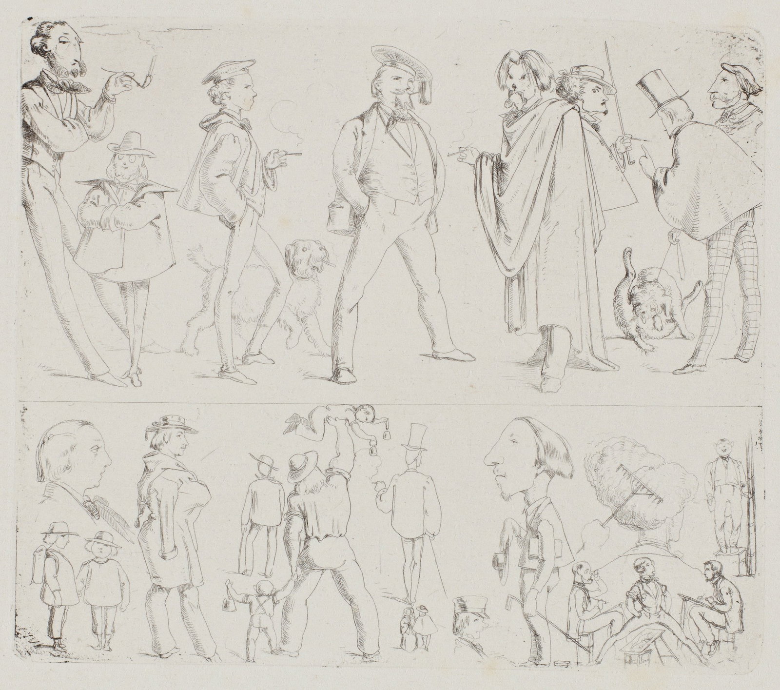 A. HENDSCHEL (*1834), Artistic caricatures from the Städel Art Institute, around 1851, Etching: Albert Louis Ulrich Hendschel (1834 Frankfurt on the Main - 1883 ibid.): Artist caricatures of the Städelsches Kunstinstitut: Otto Scholderer, Julius Hamel, Louis Lang, Karl Bernhard Schlöss
