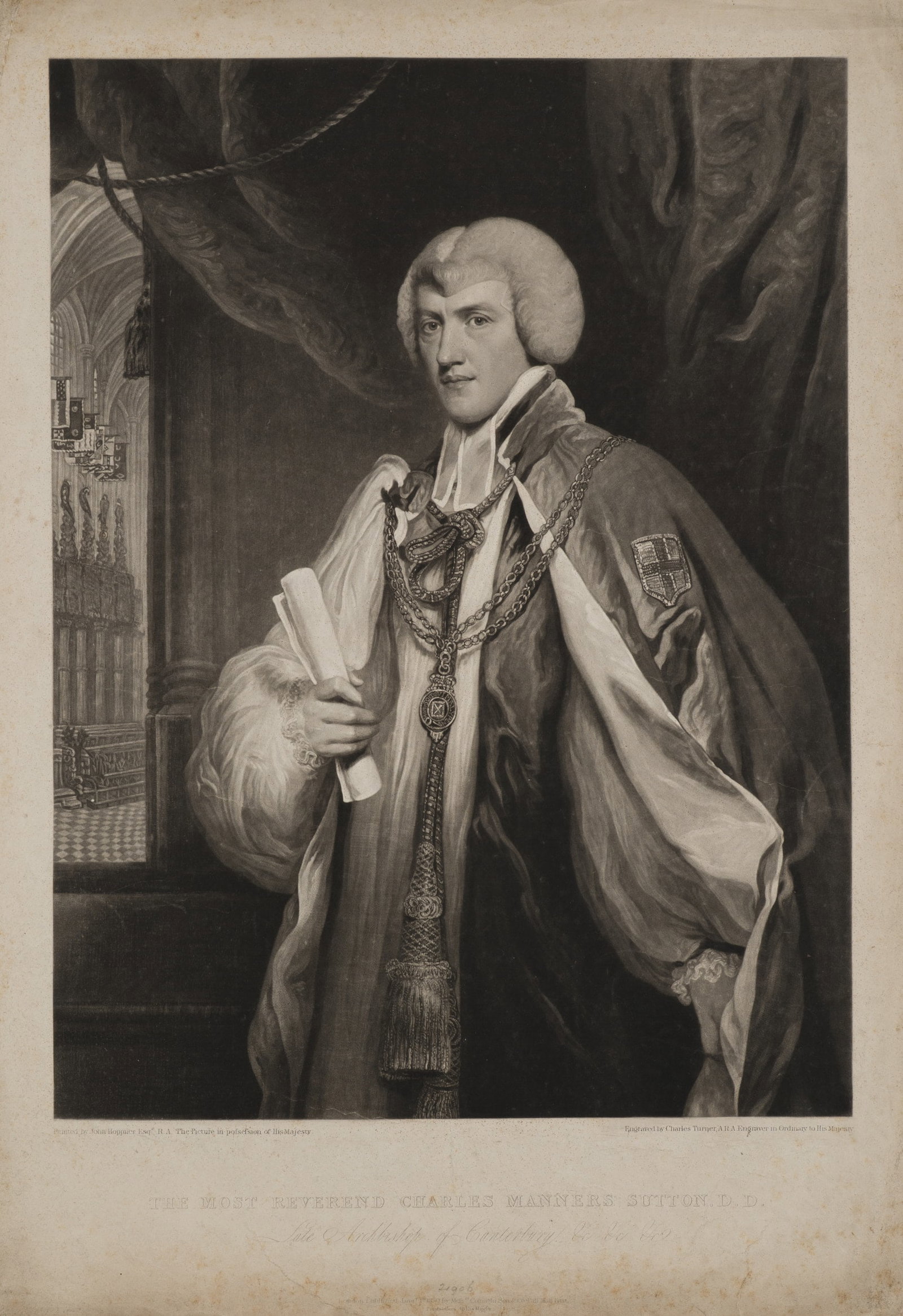 C. TURNER (*1773) after HOPPNER (*1758), Portrait of Charles Manners-Sutton, 1830, Mezzotint: Charles Turner (1773 Woodstock, Oxfordshire - 1857 London) after John Hoppner (1758 Whitechapel, London - 1810 London): Portrait of Charles Manners-Sutton, Archbishop of Canterbury, 1830, Mezzotint Te