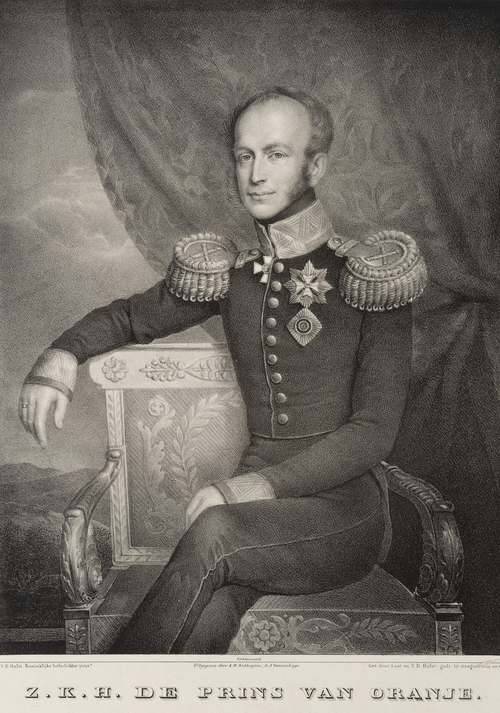 After HULST (*1790), Portrait of William II of Orange, Lithography: After Jean-Baptiste Van der Hulst (1790 Lions - 1862 Brussels): Portrait of William II of Orange, King of the Netherlands, seated portrait with curtain in front of landscape in uniform with breast sta