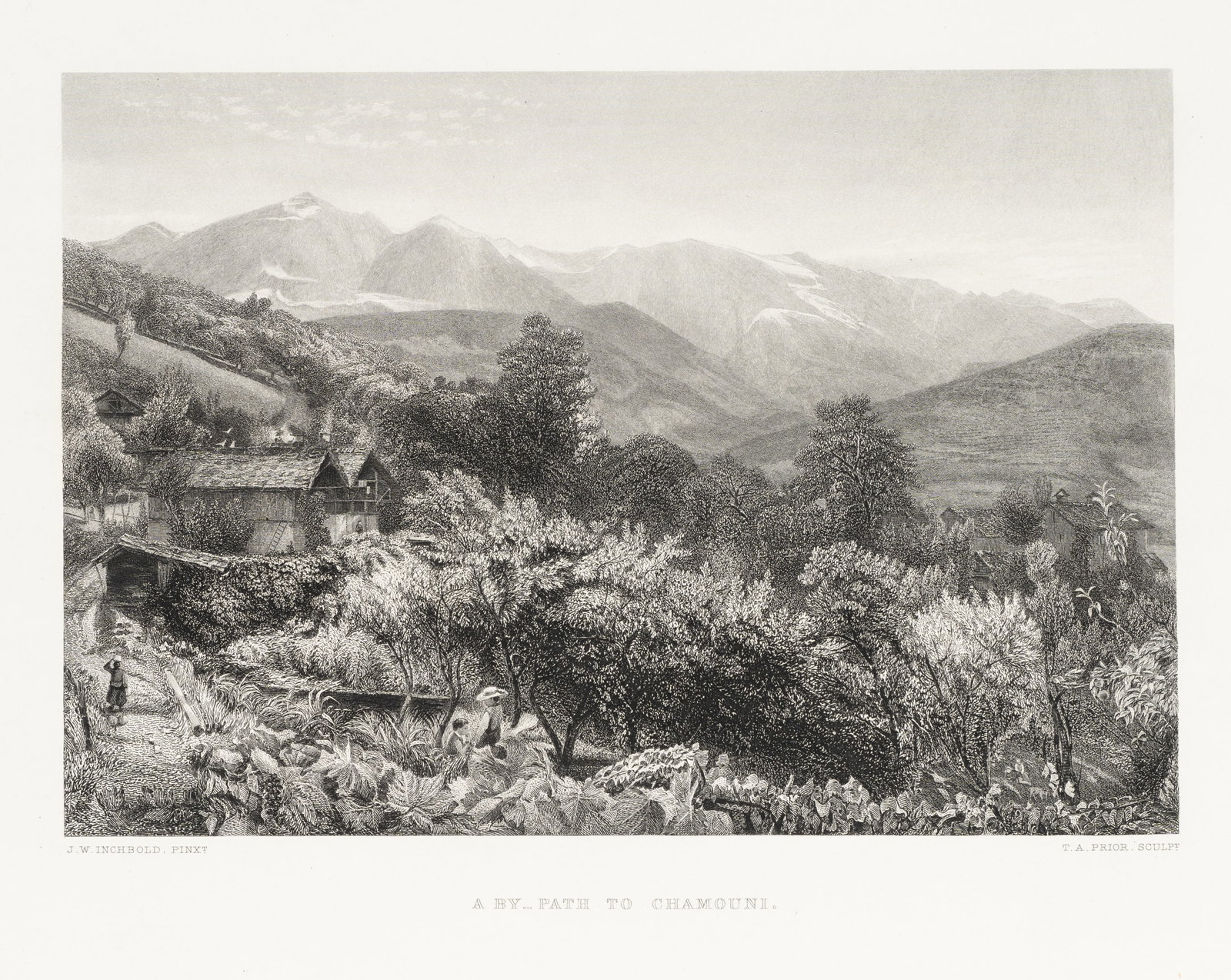 T. PRIOR (*1809) after INCHBOLD (*1830), Alpine trail after Chamouni, Sardinia, Steel engraving: Thomas Abiel Prior (1809 - 1886 ) after John William Inchbold (1830 - 1888 ): Alpine path to Chamouni, Sardinia Alpine landscape with path and dream backdrop in Chamonix, 19th century, Steel engraving