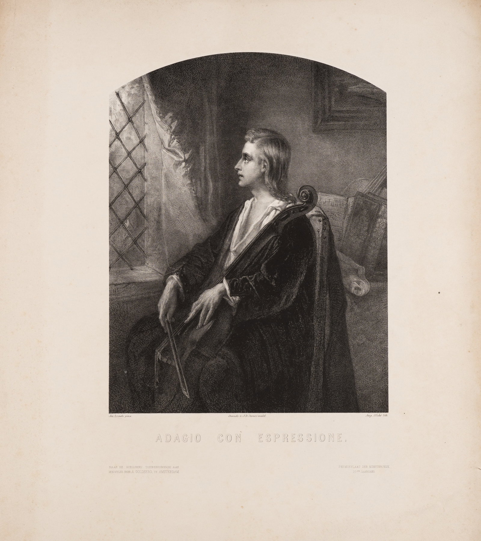 A. ALLEBÉ (*1838) after ISRAËLS (*1824), Cellist by the window, Lithography (1 of 5)