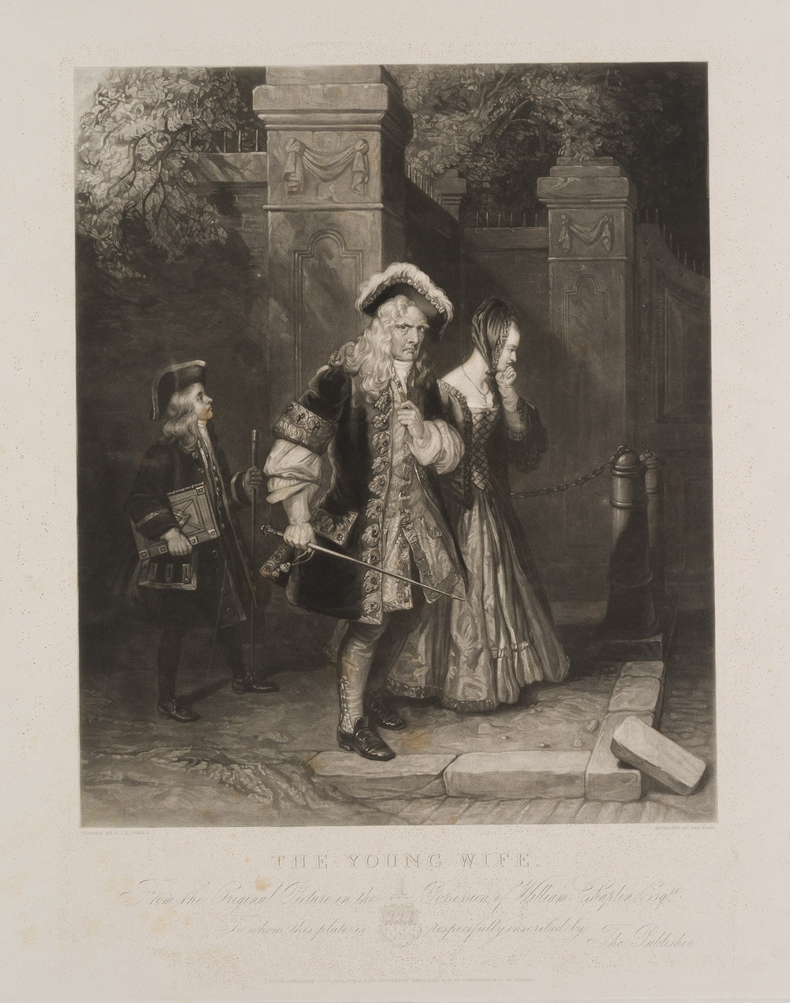 J. EGAN (*1799) after JONES (*1812), The Young Wife, 1835, Mezzotint: James Egan (1799 County Roscommon - 1842 ) after Samuel John Egbert Jones (around 1812 - 1849 ): The Young Wife, The Young Consort, 1835, Mezzotint Technique: Mezzotint on Paper Inscription: At the lo
