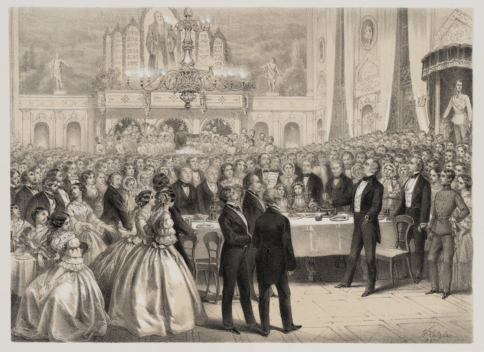 V. KATZLER (1823-1882), 50th anniversary celebrations. Vienna State Printing Office, 1857, Tinted L: Vinzenz Katzler (1823 Vienna - 1882 ibid.): The 50th anniversary celebration State printing works in Vienna (23 March 1857), magnificent event with elegantly dressed guests, 1857, Tinted Lithographie 