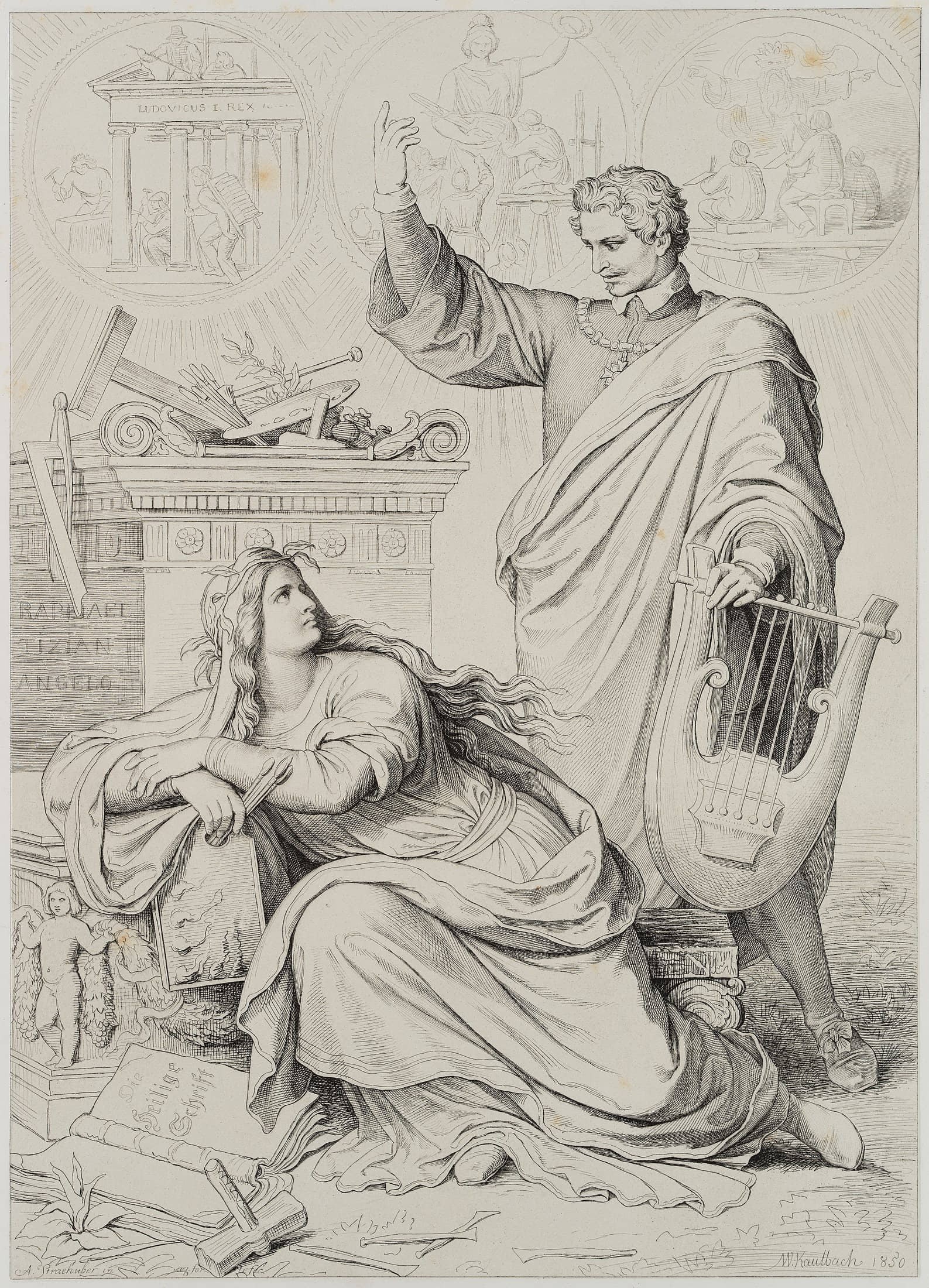 A. STRAEHUBER (*1814) after KAULBACH (*1805), Tribute to King Ludwig I, around 1850, Etching: Alexander Straehuber (1814 Mondsee - 1882 Munich) after Wilhelm von Kaulbach (1805 Arolsen - 1874 Munich): Homage allegory to King Ludwig I, The King and Art, c. 1850, Etching Technique: Etching over 