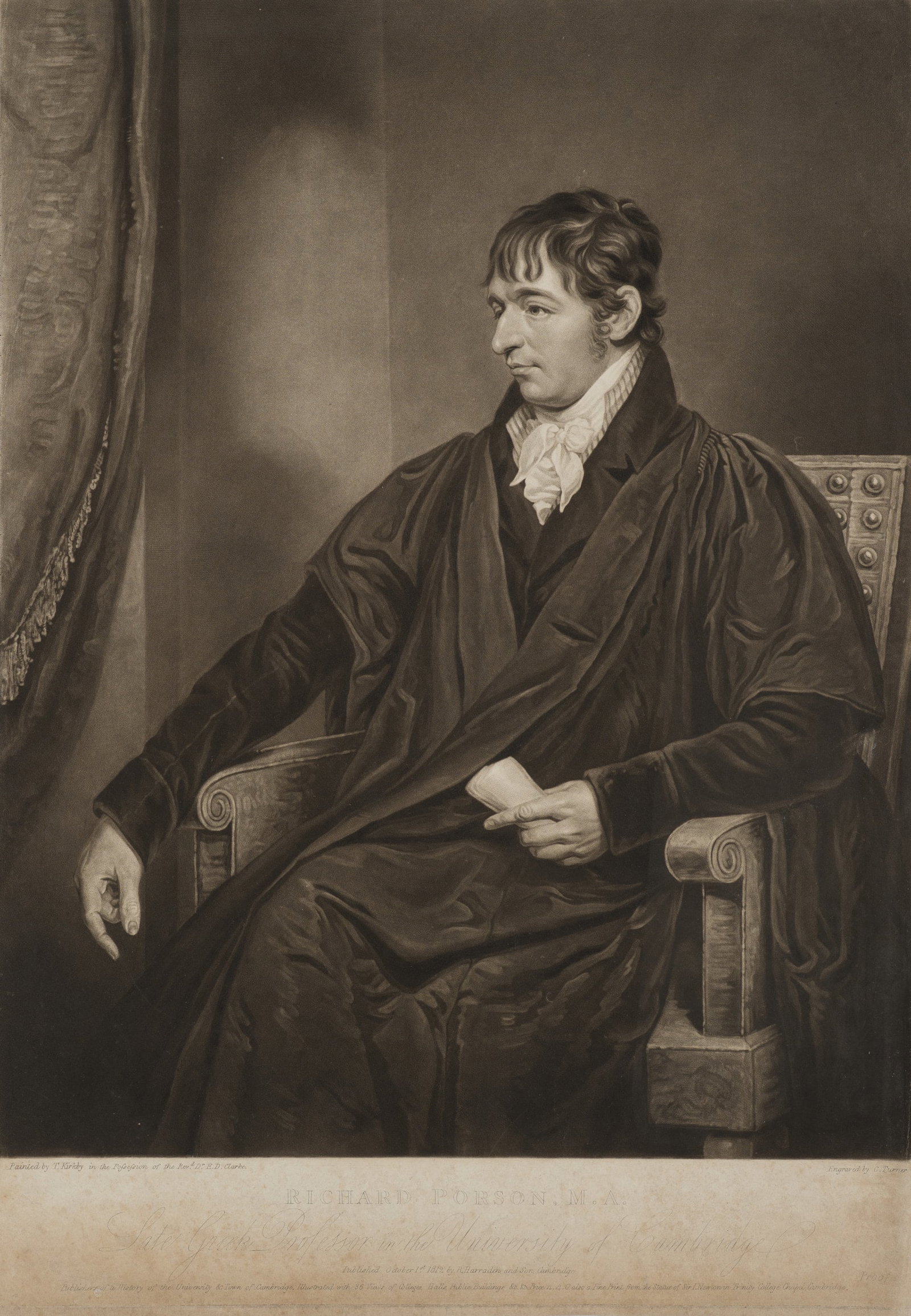 C. TURNER (*1773) after KIRKBY (*1775), Porson. Professor of Classical Studies, 1812, Mezzotint: Charles Turner (1773 Woodstock, Oxfordshire - 1857 London) after Thomas Kirkby (around 1775 - 1847 ): Portrait of Richard Porson, Professor of Greek at the University of Cambridge, 1812, Mezzotint Tec