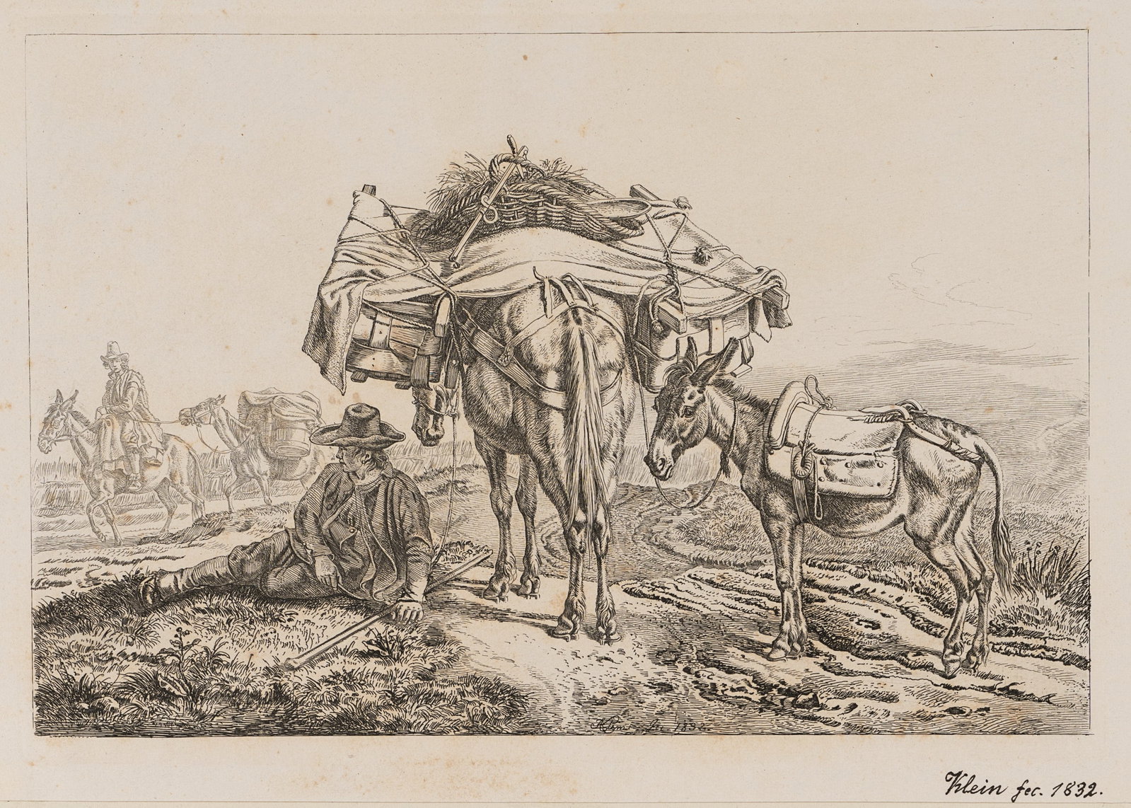 J. KLEIN (1792-1875), mule driver, around 1832, Etching: Johann Adam Klein (1792 Nuremberg - 1875 Munich): Muleteer with loaded donkey and mule, c. 1832, Etching Technique: Etching on Paper Catalogue Raisonné: , 296 Inscription: Lower right inscribed b