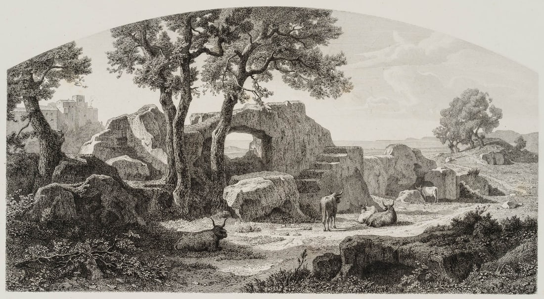 E. ADLER-MESNARD (*1845) after KLOSE (*1830), The Gräberstraße near Cerveteri, Etching: Eugène Edouard Adler-Mesnard (around 1845 Paris - 1884 ibid.) after Wilhelm Klose (1830 - 1914 ): The cemetery road near Cerveteri, Italy, 19th century, Etching Technique: Etching on Paper, rolle