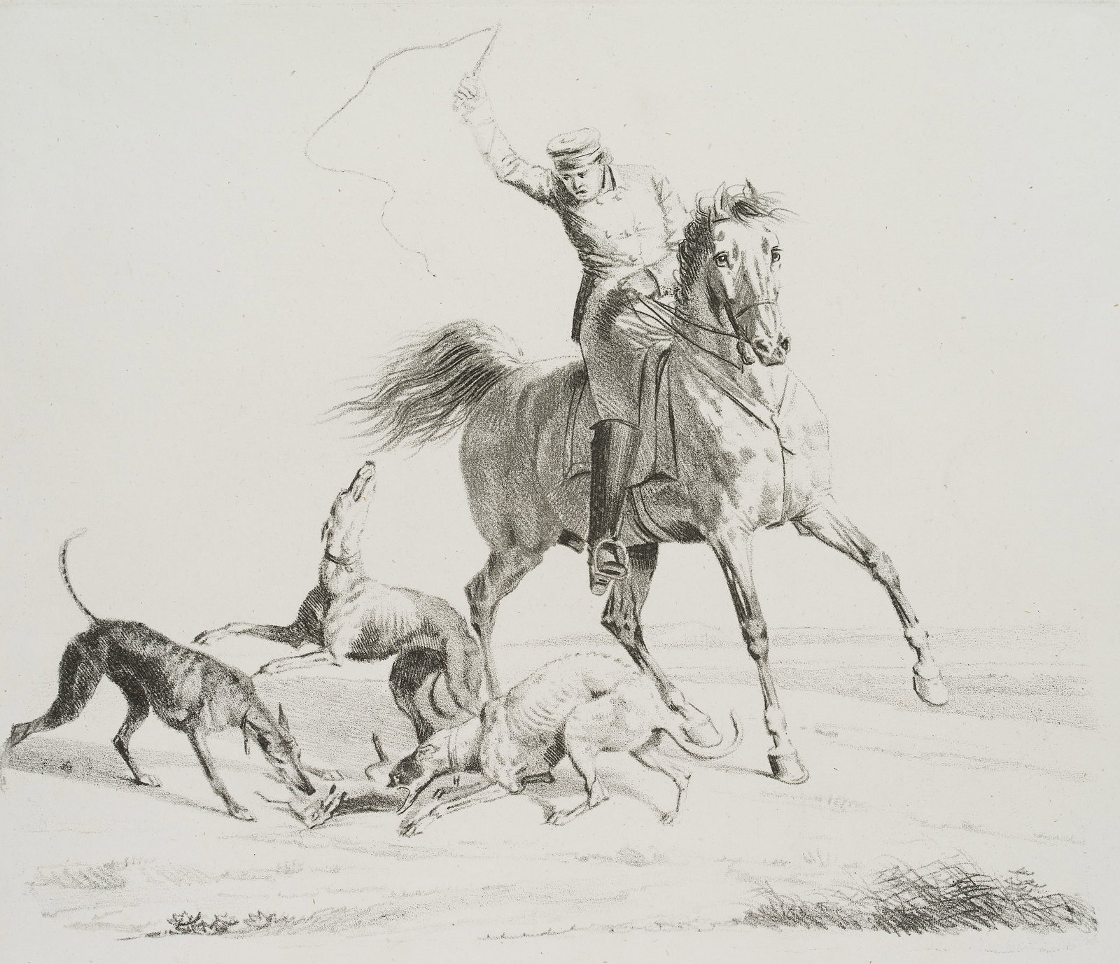 F. KRÜGER (1797-1857), Horsemen and hunting dogs, around 1818, Lithography: Franz Krüger (1797 Großbadegast - 1857 Berlin): A rider and three dogs pulling a hare, c. 1818, Lithography Technique: Lithography on Paper Catalogue Raisonné: , Date: c. 1818 Descripti