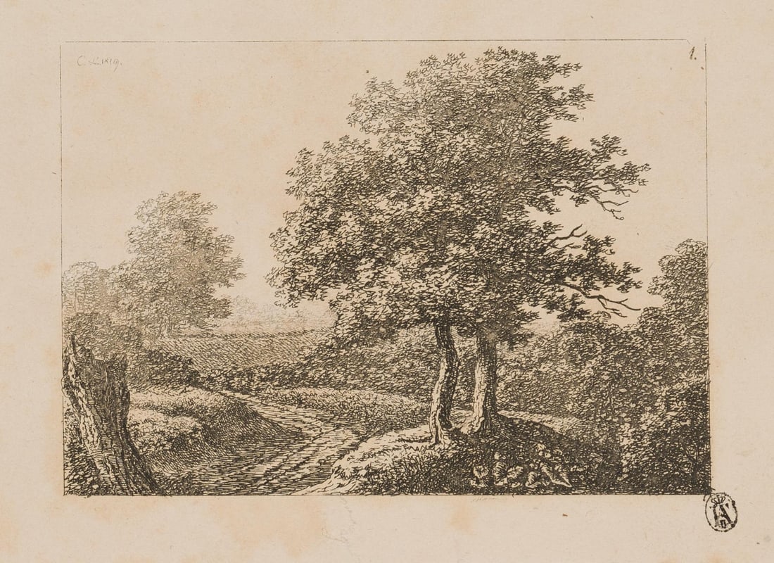C. LAMPE (19th), Landscape with a magnificent tree, 1819, Etching: Christian Lampe (19th century): Landscape with country road and magnificent large tree, 1819, Etching Technique: Etching on Paper Stamp: Lower right Collector's stamp, Lugt no.: 971. Friedrich August 