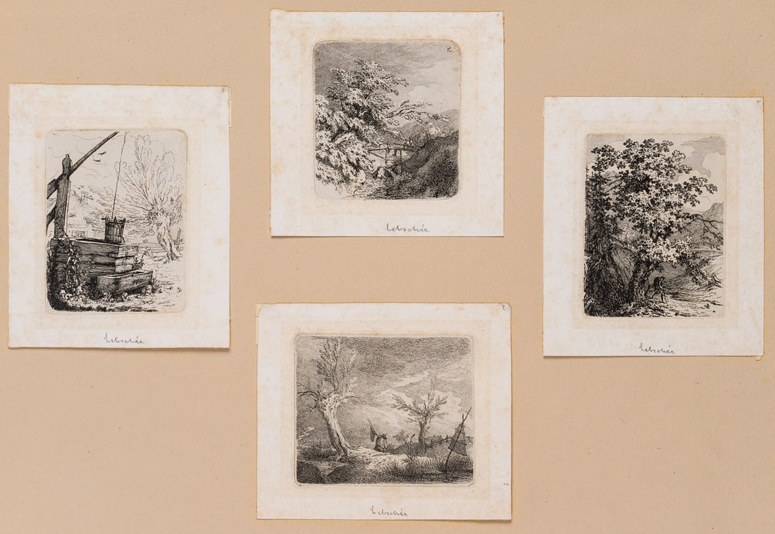 C. LEBSCHÉE (1800-1877), Four landscapes with figures, around 1850, Etching: Carl August Lebschée (1800 Schmiegel - 1877 Munich): Four landscapes with figures, motifs of a hiking tour, probably Upper Bavaria or Franconia, c. 1850, Etching Technique: Etching on Paper Inscr