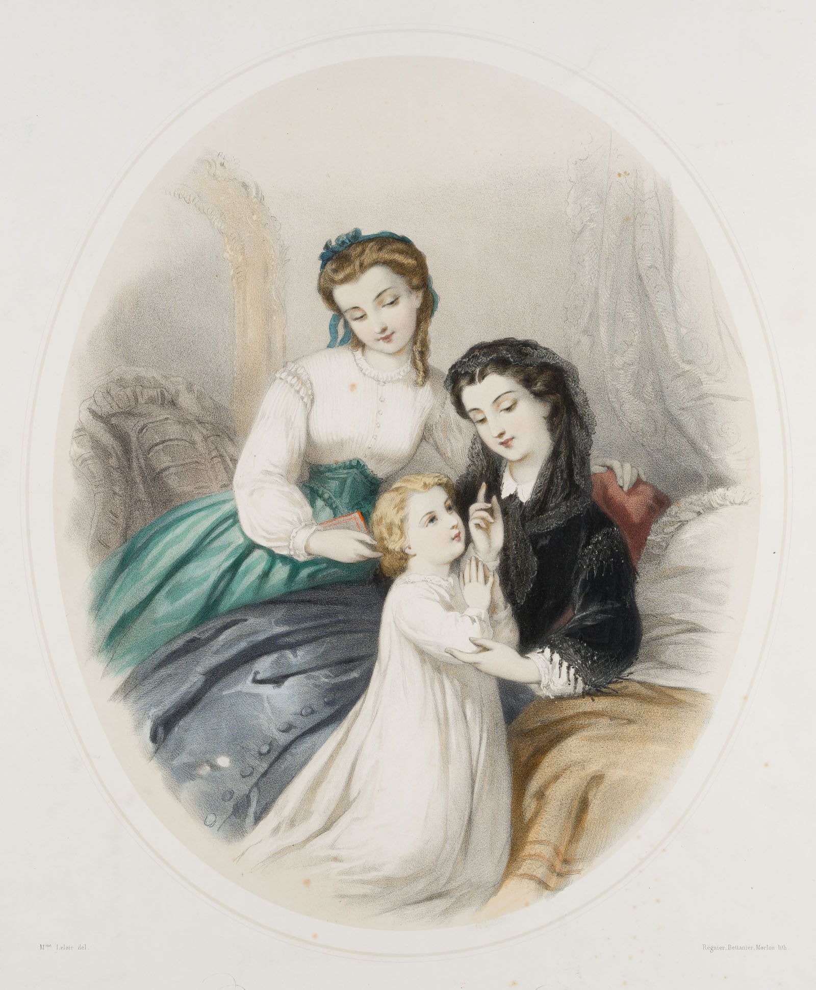 After LELOIR (*1809), Biedermeier piety, Lithography: After Héloise Leloir (1809 - 1892 ): Biedermeier Piety, Ladies with Praying Child, 19th century, Lithography Technique: Hand colored Lithography over tinted stone on Paper Inscription: Inscribed 