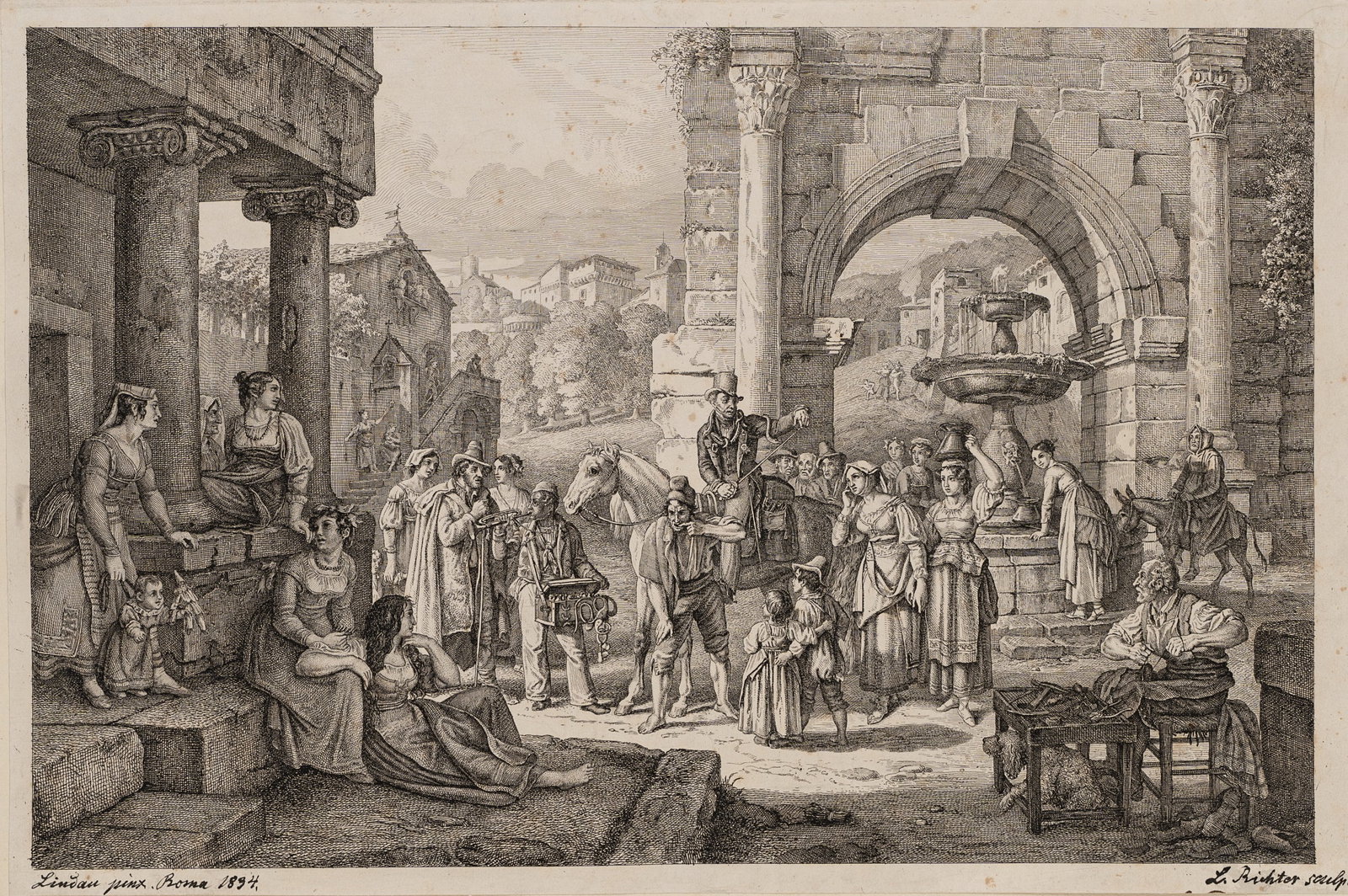 L. RICHTER (*1803) after LINDAU (*1799), The tooth-breaker in a small Roman town, 1834, Etching: Ludwig Richter (1803 Dresden - 1884 ibid.) after Dietrich Wilhelm Lindau (1799 Dresden - 1862 Rom): The tooth-breaker in a small Roman town, 1834, Etching Technique: Etching on Paper Inscription: At t