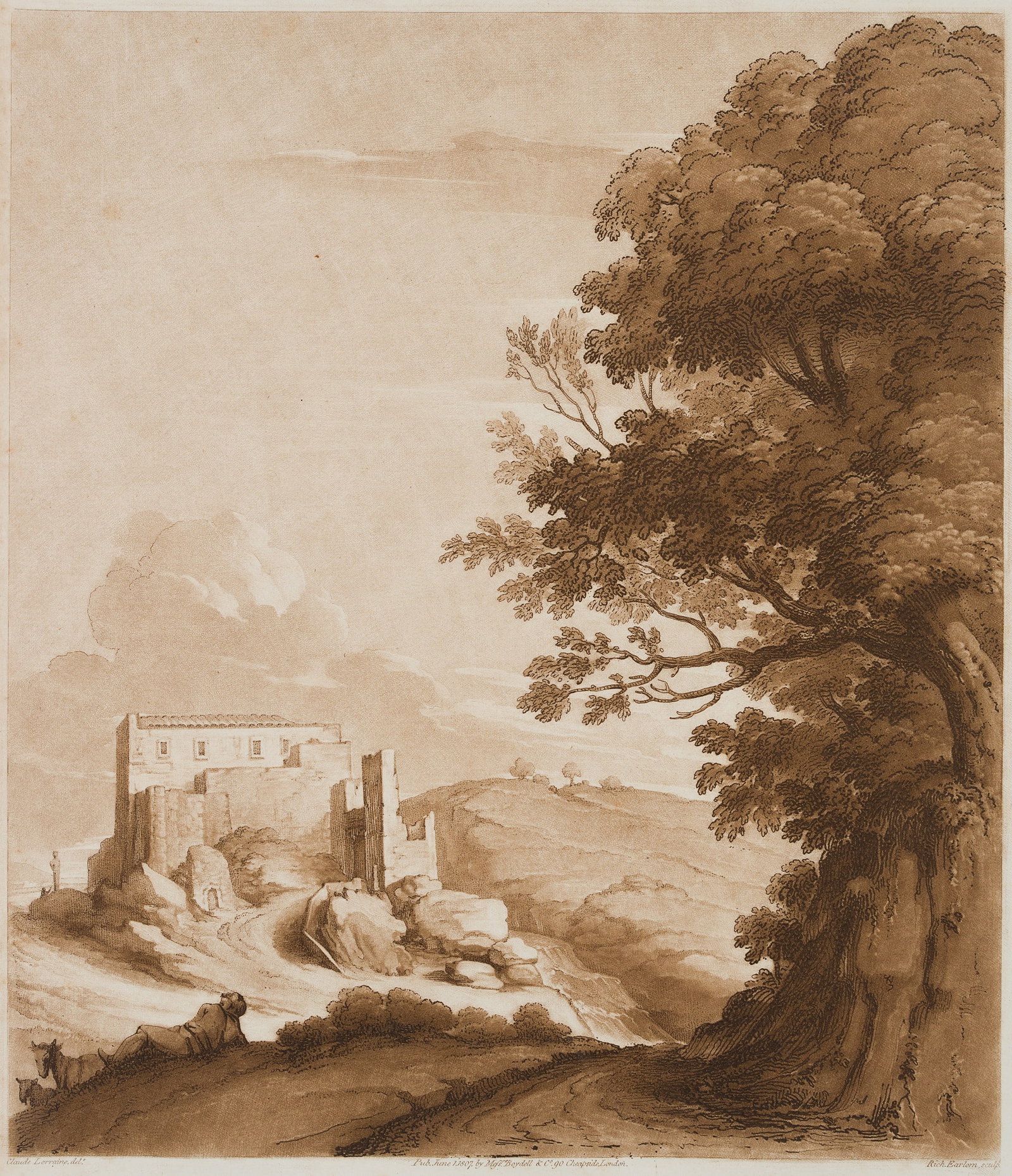 R. EARLOM (*1743) after LORRAIN (*1600), Landscape with a fortress, 1807, Aquatint (1 of 4)