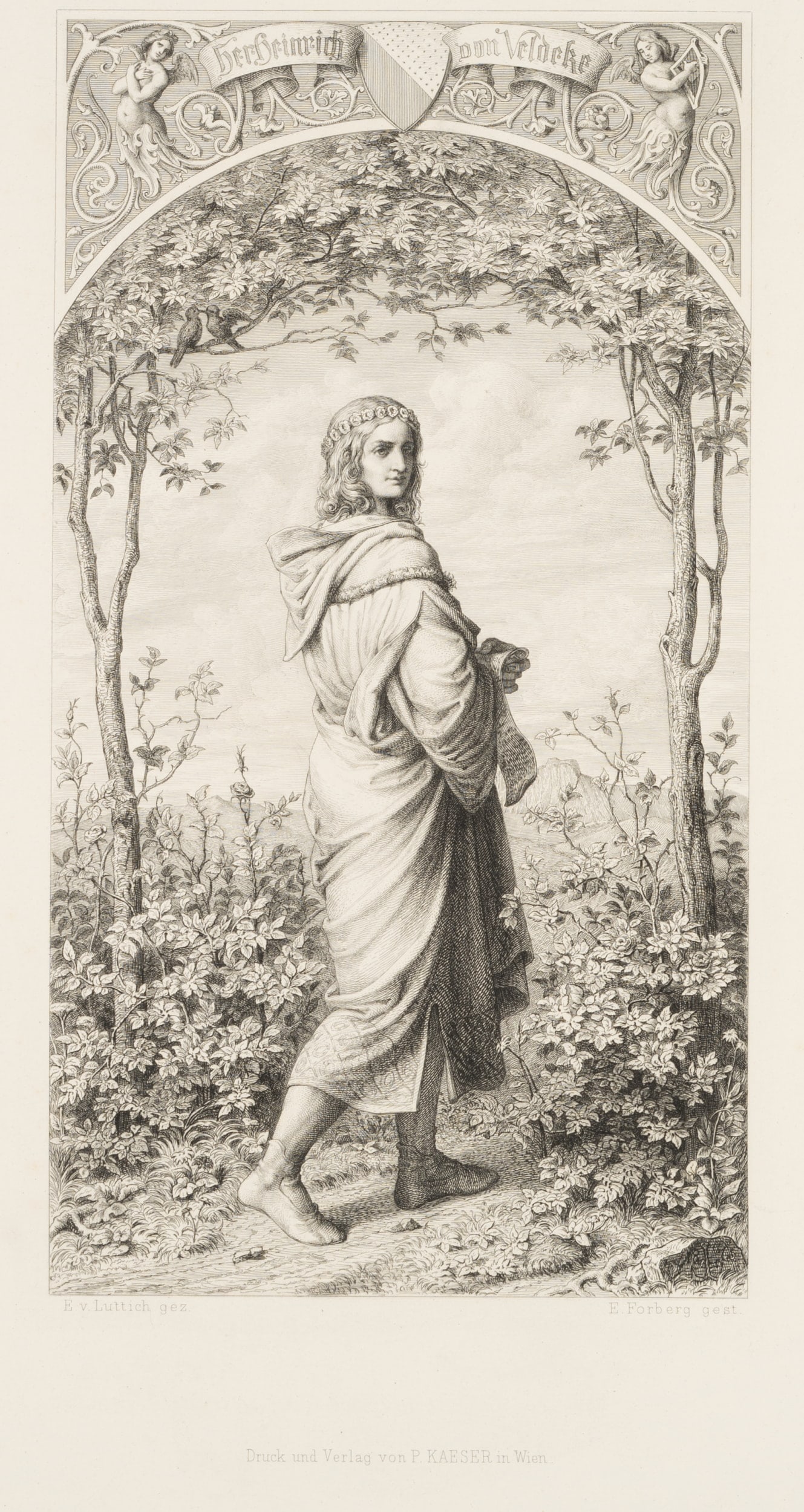 C. FORBERG (*1844) after LUTTICH VON LUTTICHHEIM (*1844), Heinrich von Veldeke, Etching: Carl Ernst Forberg (1844 Düsseldorf - 1915 ibid.) after Eduard Luttich von Luttichheim (1844 Prag - 1920 Vienna): Portrait of Heinrich von Veldeke, full-length standing figure in lovely nature, 1
