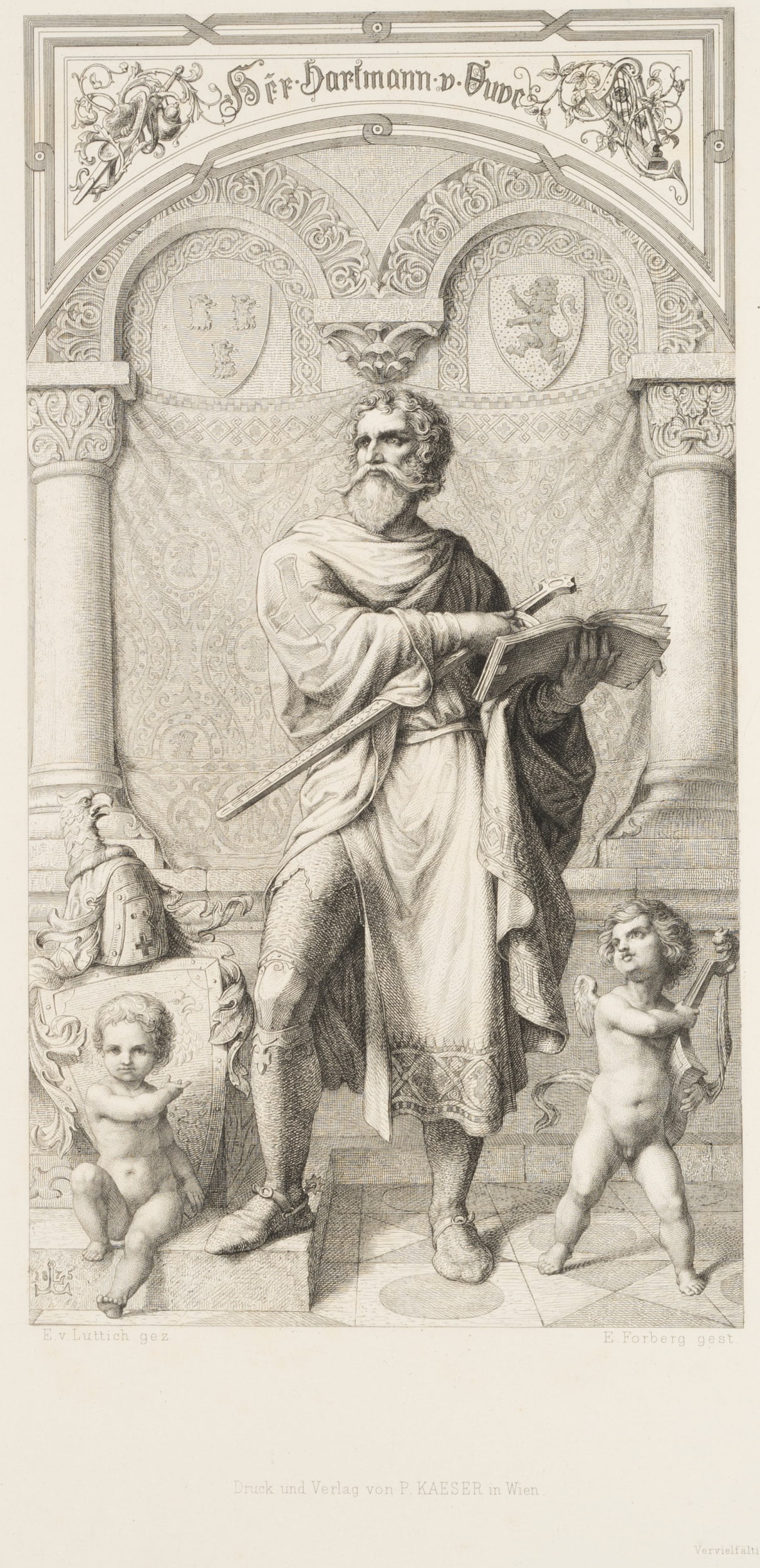 C. FORBERG (*1844) after LUTTICH VON LUTTICHHEIM (*1844), Hartmann von Aue, 1875, Etching: Carl Ernst Forberg (1844 Düsseldorf - 1915 ibid.) after Eduard Luttich von Luttichheim (1844 Prag - 1920 Vienna): Portrait of Hartmann von Aue Full figure standing, flanked by 2 putti in front of