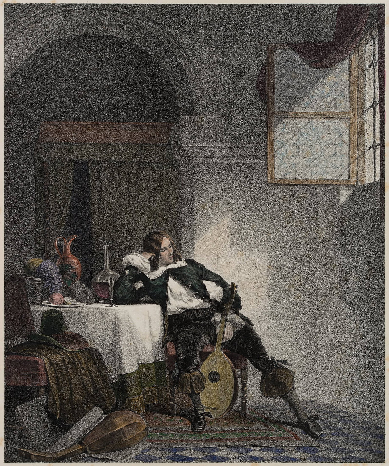 C. STRAUB (*1805) after MARTIN (*1792), The Man in the Iron Mask, around 1852, Lithography: Carl Straub (1805 Meßkirch - after 1851 ) after Martin Martin (1792 - 1865 ): The man with the iron mask, nobleman with lute sitting in a prison, c. 1852, Lithography Technique: Hand colored Lith