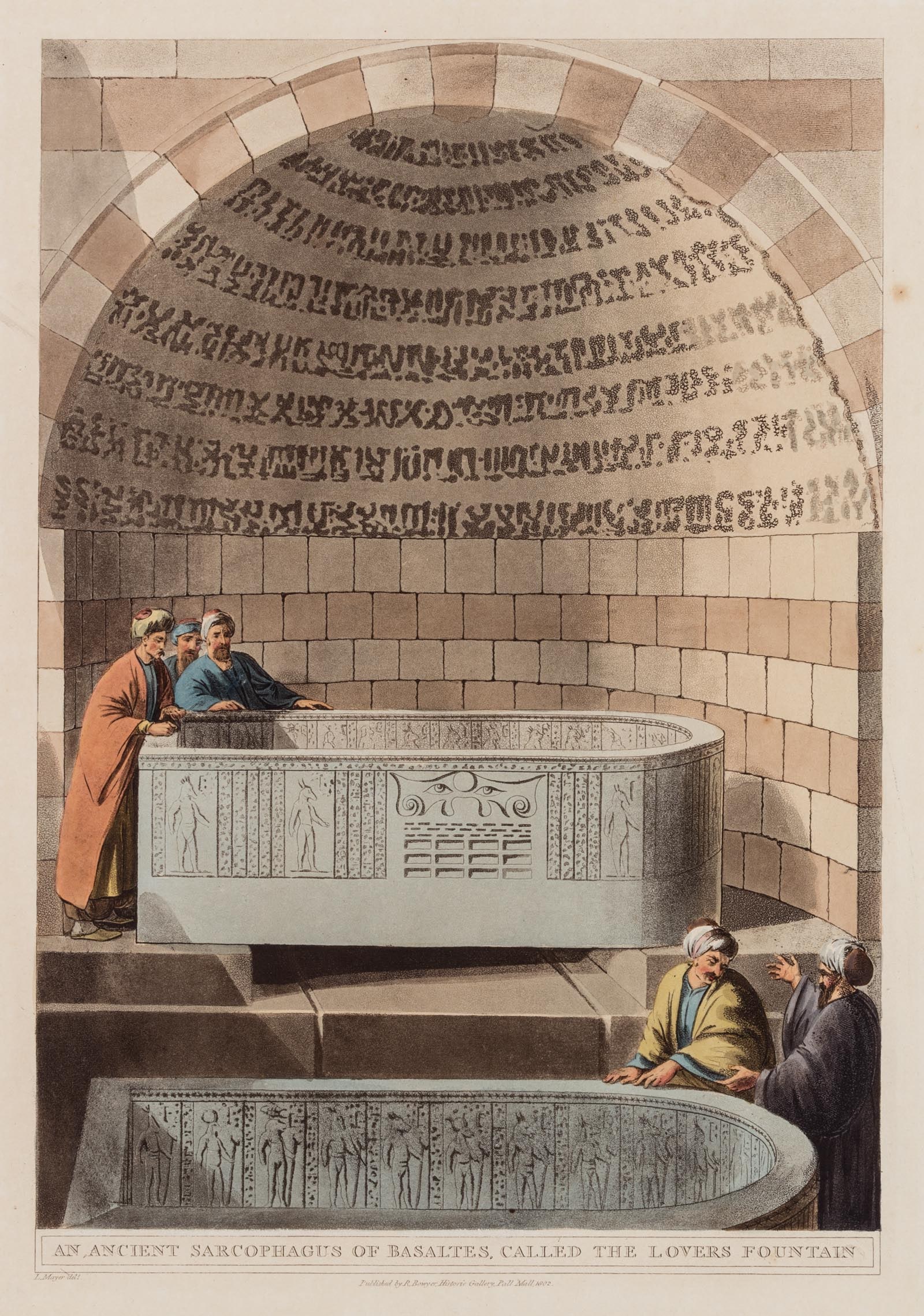 L. MEYER (18,19th) after MILTON (*1810), Oriental figures with a sarcophagus, 1802, Aquatint: L Meyer (18./19. century) after Thomas Milton (before 1810 - 1827 ): Oriental with antique sarcophagus with Egyptian hieroglyphics, called "The Fountain of Love", 1802, Aquatint Technique: Hand colore