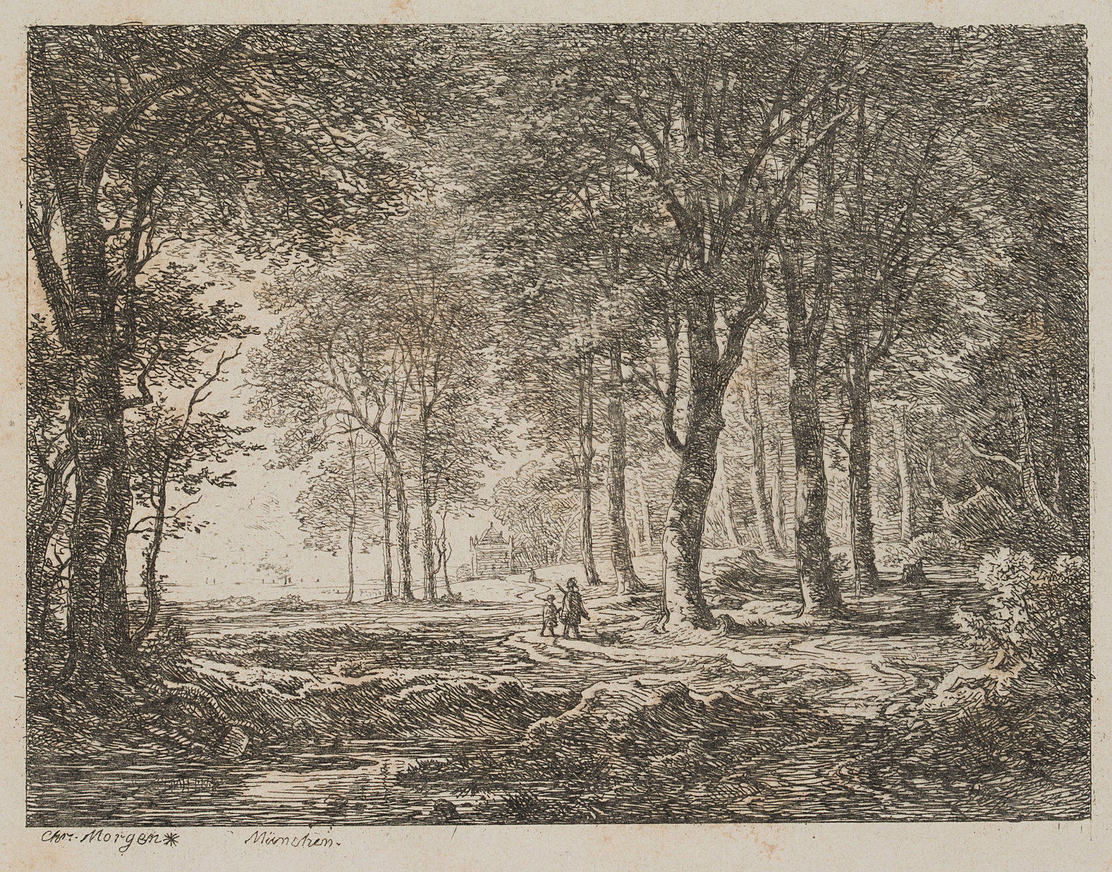 C. MORGENSTERN (*1805), Bavarian landscape with a hunter, around 1830, Etching: Christian Morgenstern (1805 Hamburg - 1867 Munich): Bavarian forest landscape with hunter and companion, c. 1830, Etching Technique: Etching on Paper Inscription: lower left signed in the printing pla
