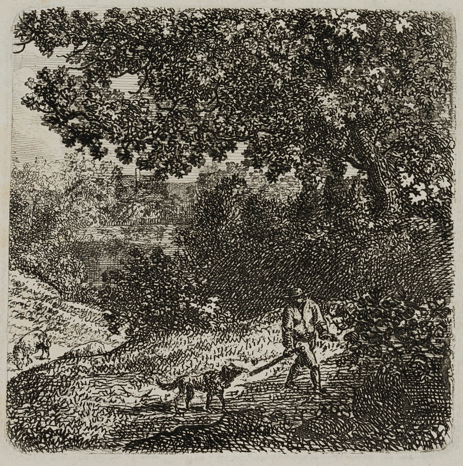 C. NATHE (1753-1806), A scene from nature. A walker with a dog, around 1800, Etching: Christoph Nathe (1753 Niederbielau - 1806 Schadewalde): Hiker with dog in a mountainous forest landscape, c. 1800, Etching Technique: Etching on Paper Date: c. 1800 Description: Hiker with hat and dog