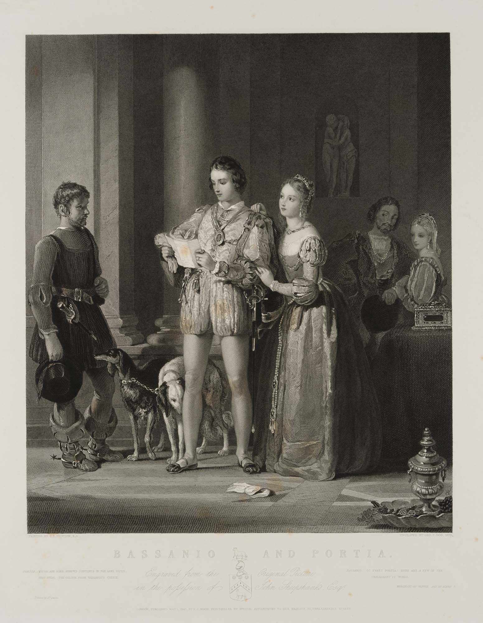 G. DOO (*1800) after NEWTON (*1795), Bassanio and Portia, Shakespeare, 1840, Copper engraving (1 of 4)
