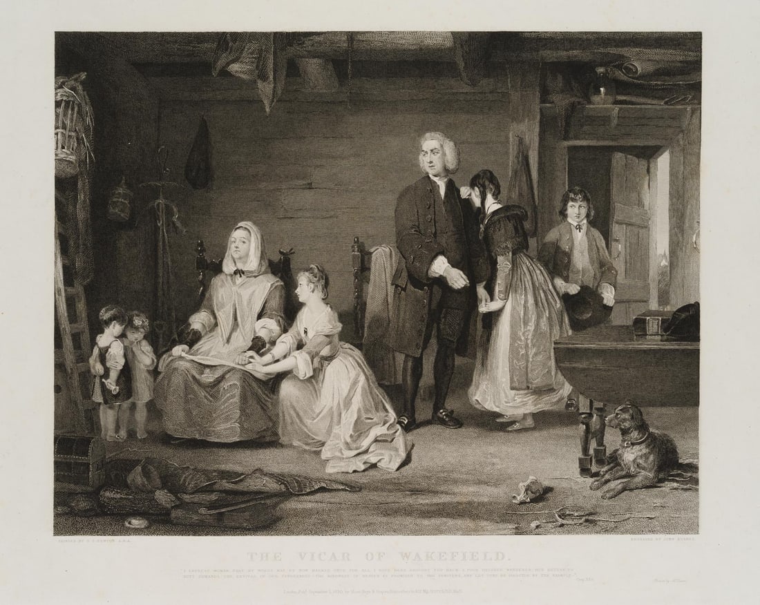 J. BURNET (*1781) after NEWTON (*1795), The Vicar of Wakefield, 1830, Steel engraving: John Burnet (1781 Musselburgh - 1868 Stoke Newington) after Gilbert Stuart Newton (1795 Halifax - 1835 Wimbledon): "The Vicar of Wakefield reconciling his wife to Olivia", nach Oliver Goldsmith, 1830,